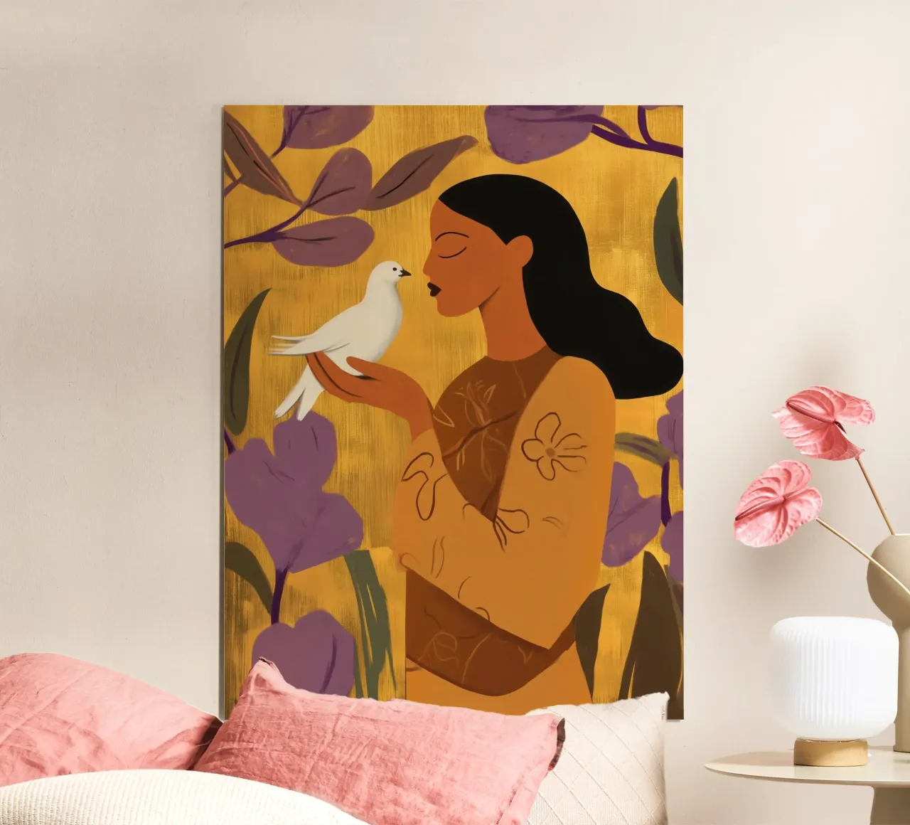 Goudpaarse vrouw met witte duif poster met aluminium frame van Autofocus
