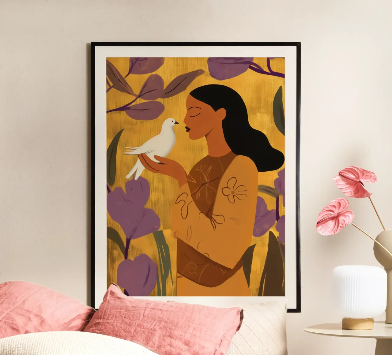 Goudpaarse vrouw met witte duif poster met aluminium frame van Autofocus