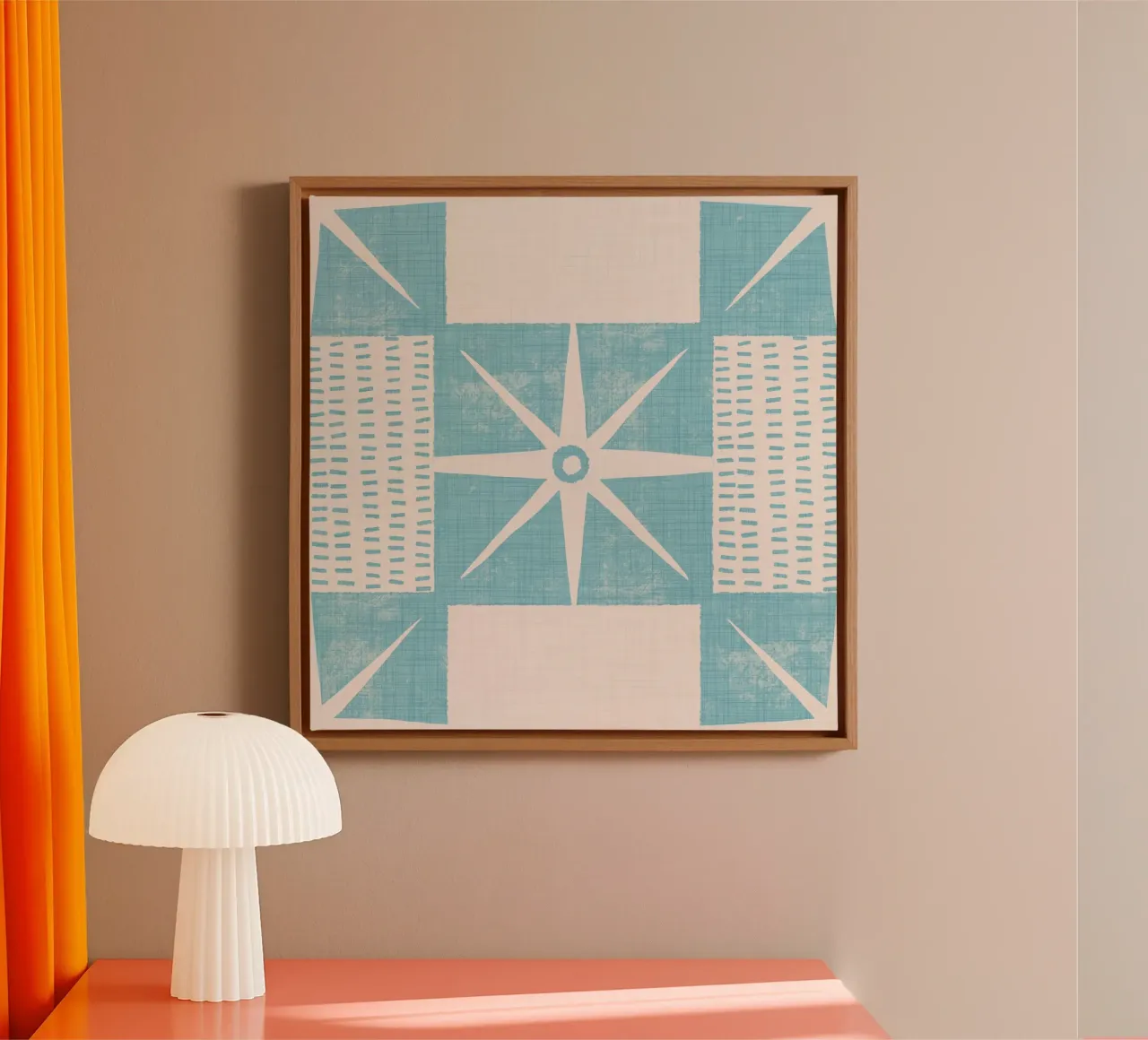 Retro Starburst Quilt Block - Mid Century Minimal Blau Leinwand mit Schattenfugenrahmen von susanacosta