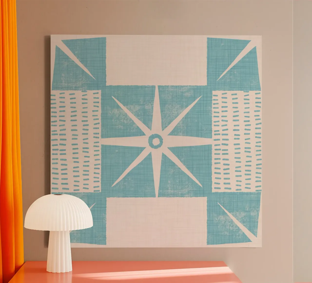 Retro Starburst Quilt Block - Mid Century Minimal Blau Leinwand mit Schattenfugenrahmen von susanacosta
