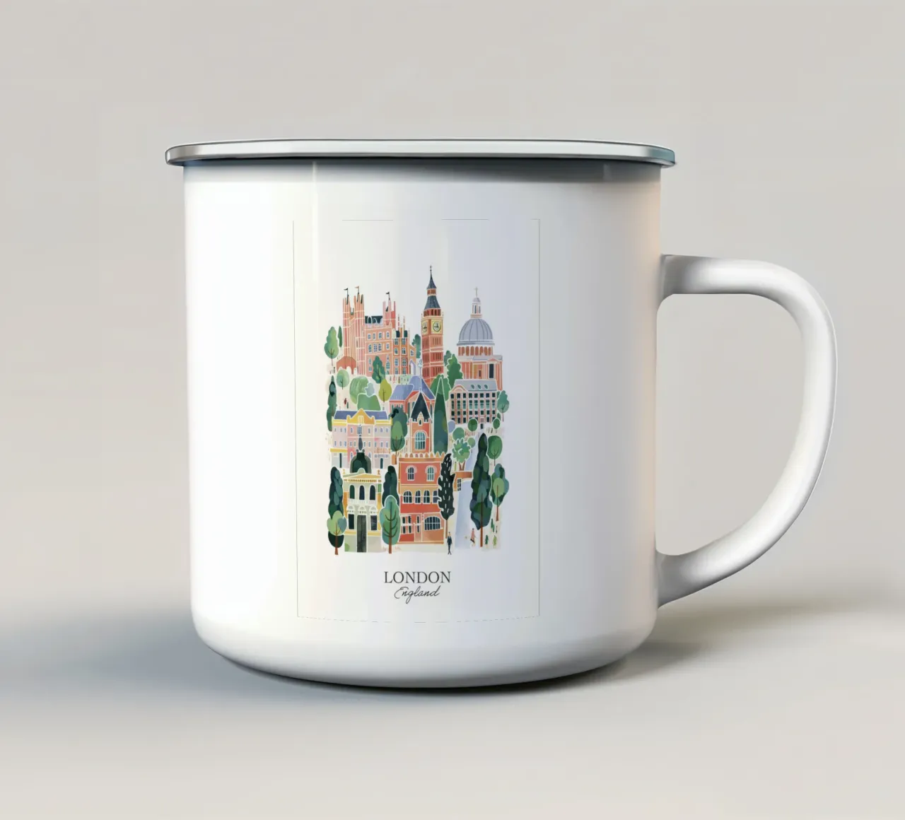 Londra, Inghilterra, acquerello, illustrazione di viaggio a guazzo tazza in smalto da Peaches Art Prints