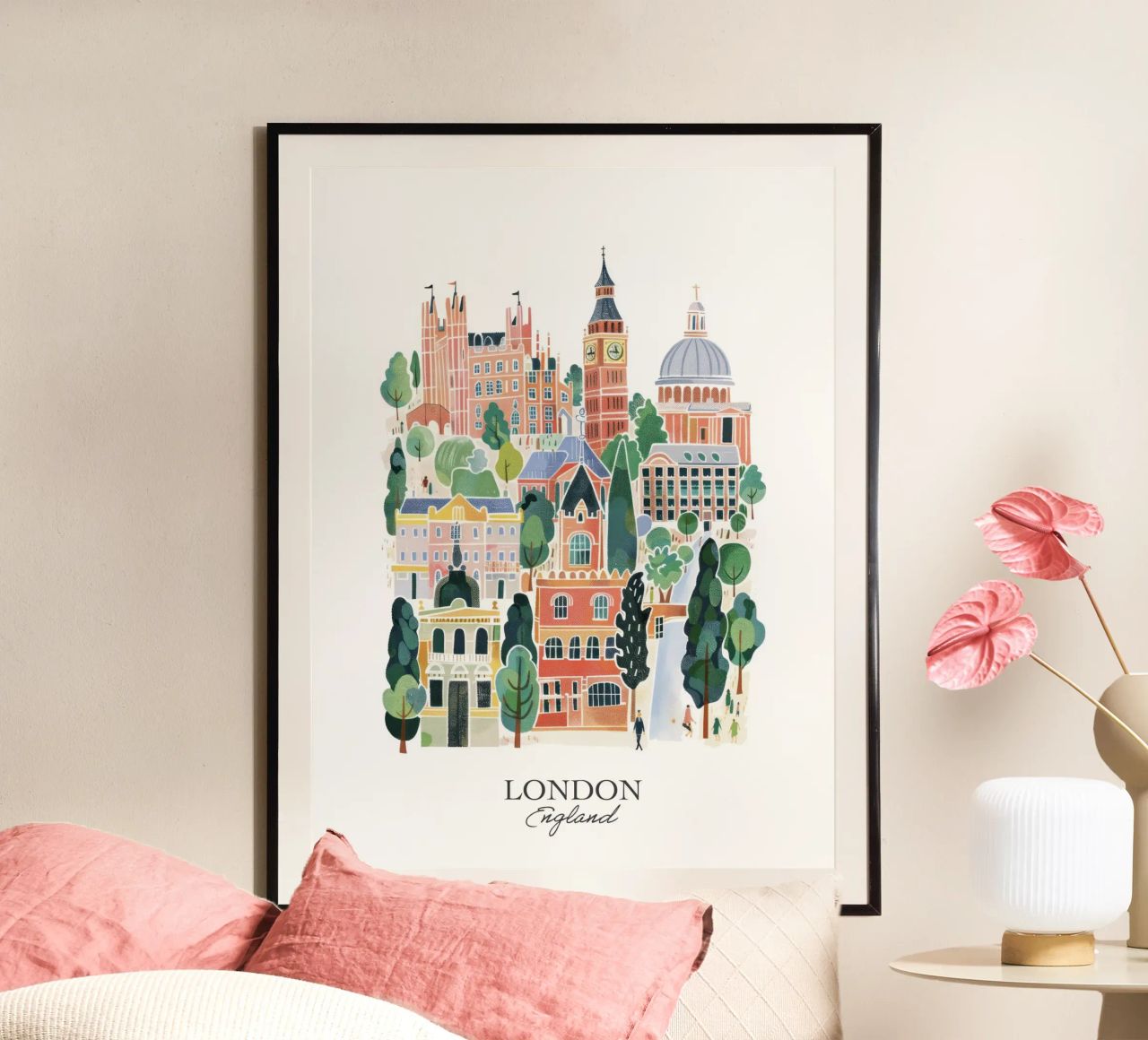 London, England, Watercolour, Gouache travel illustration poster by Peaches Art Prints