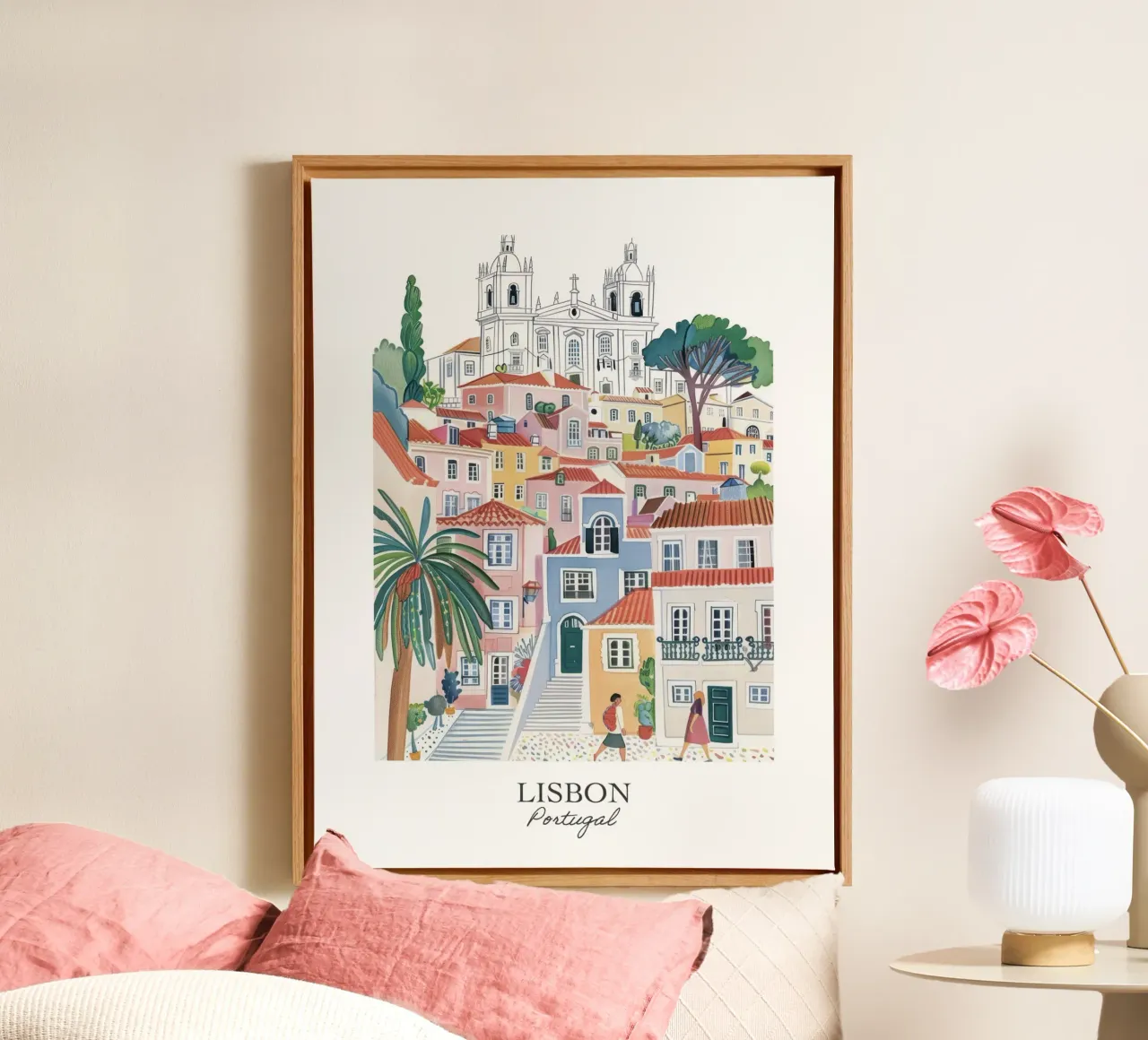 Lisbona Portogallo Illustrazione di viaggio a guazzo tela con Cornice a cassetta da Peaches Art Prints