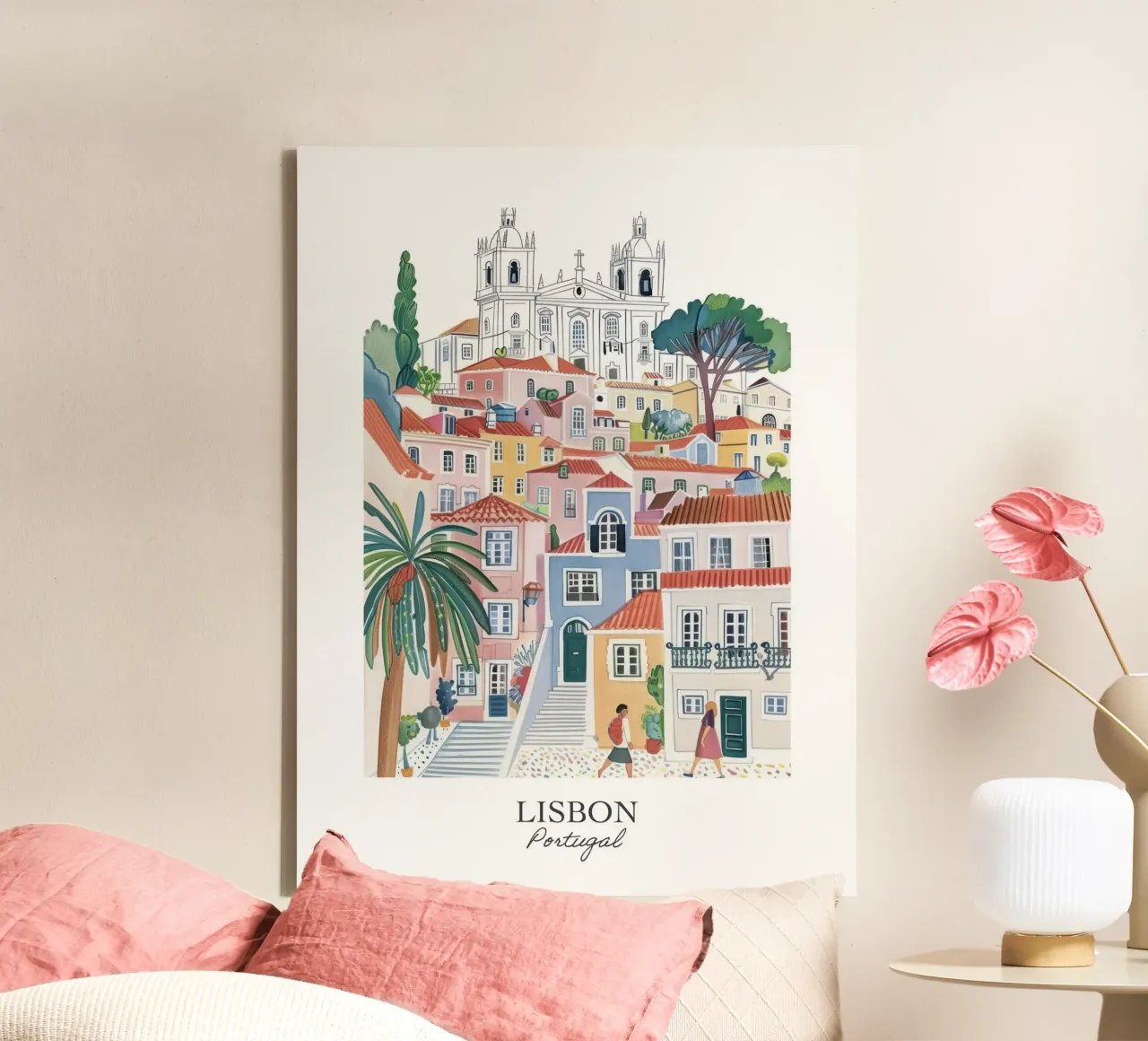 Lisbona Portogallo Illustrazione di viaggio a guazzo tela con Cornice a cassetta da Peaches Art Prints