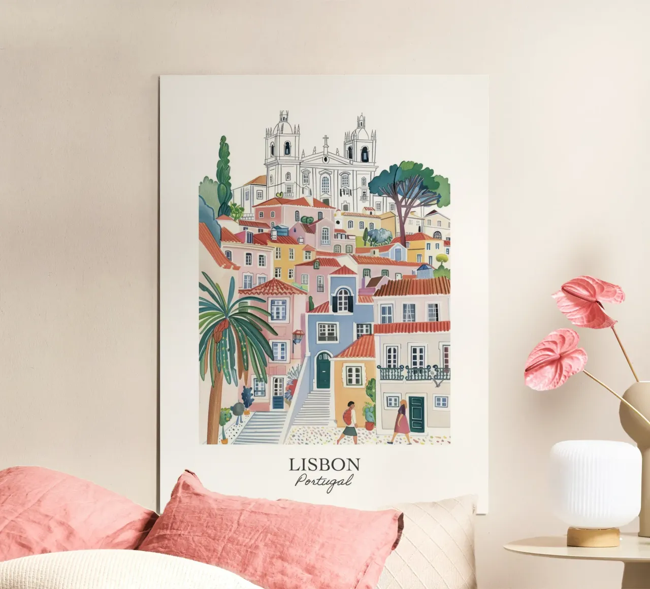 Lisbona Portogallo Illustrazione di viaggio a guazzo poster con telaio in plastica da Peaches Art Prints