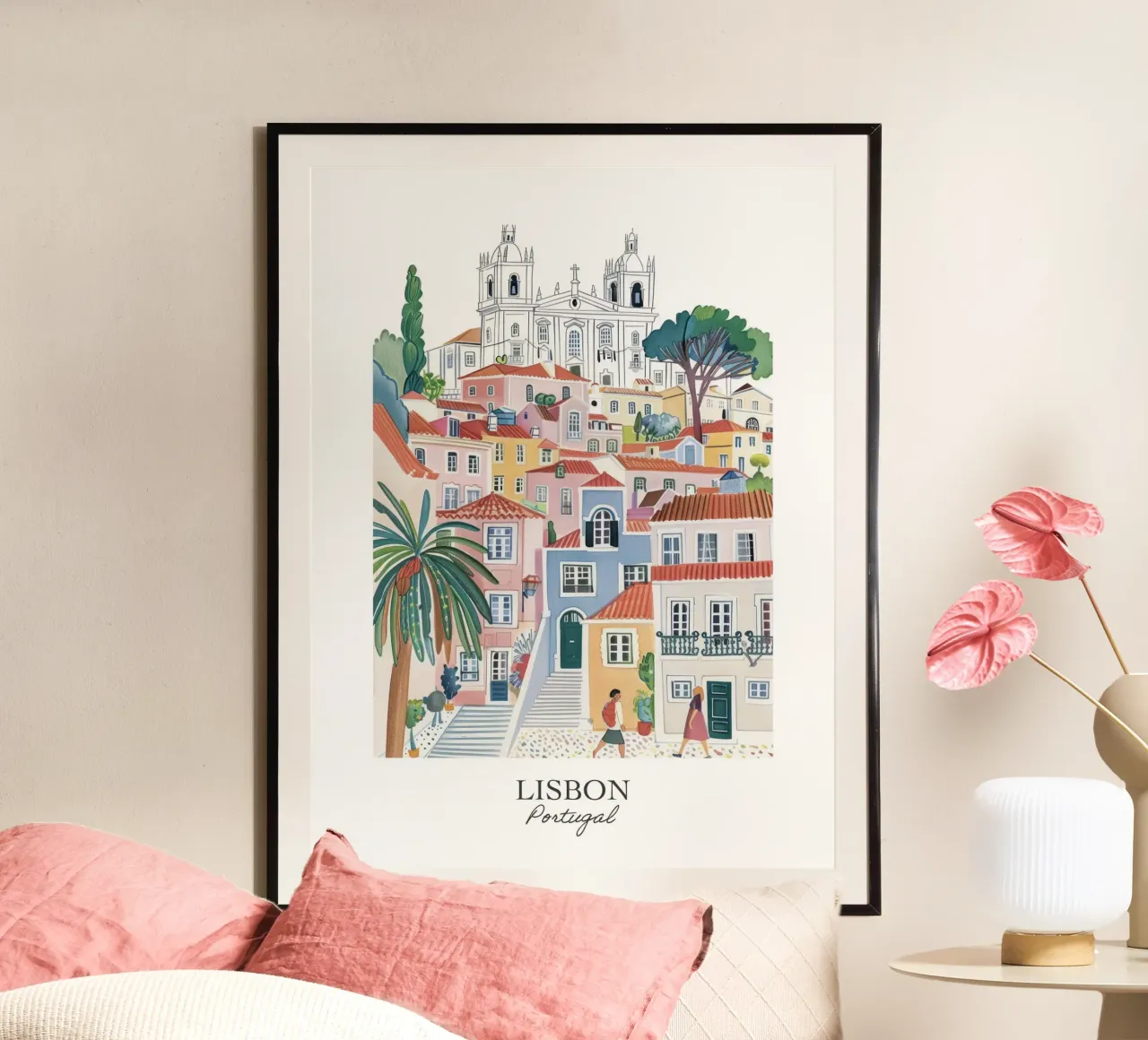 Lisbona Portogallo Illustrazione di viaggio a guazzo poster con telaio in plastica da Peaches Art Prints