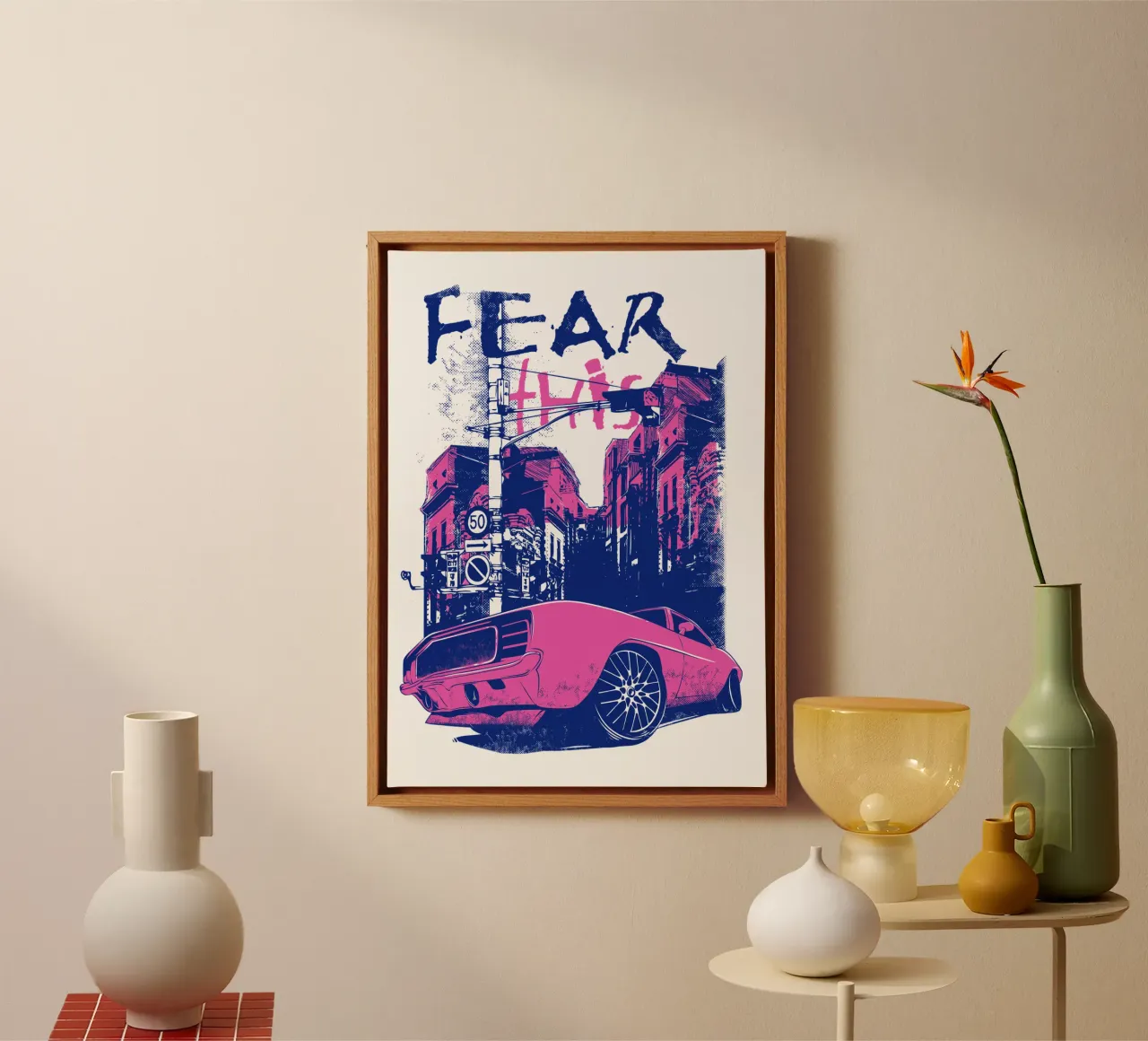 Illustrazione di auto di città retrò di tendenza ora tela con Cornice a cassetta da Urban Life