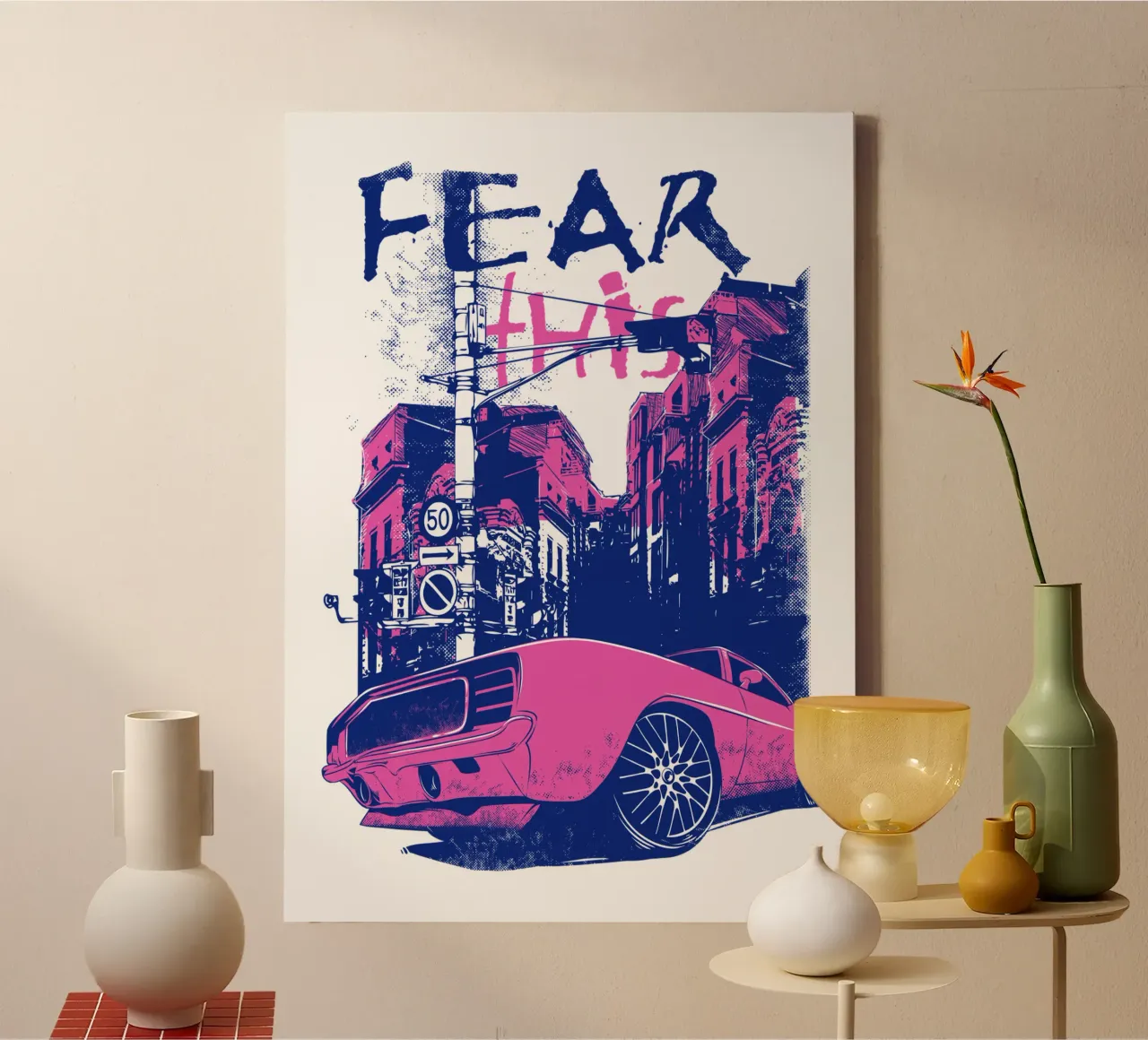 Illustrazione di auto di città retrò di tendenza ora tela con Cornice a cassetta da Urban Life