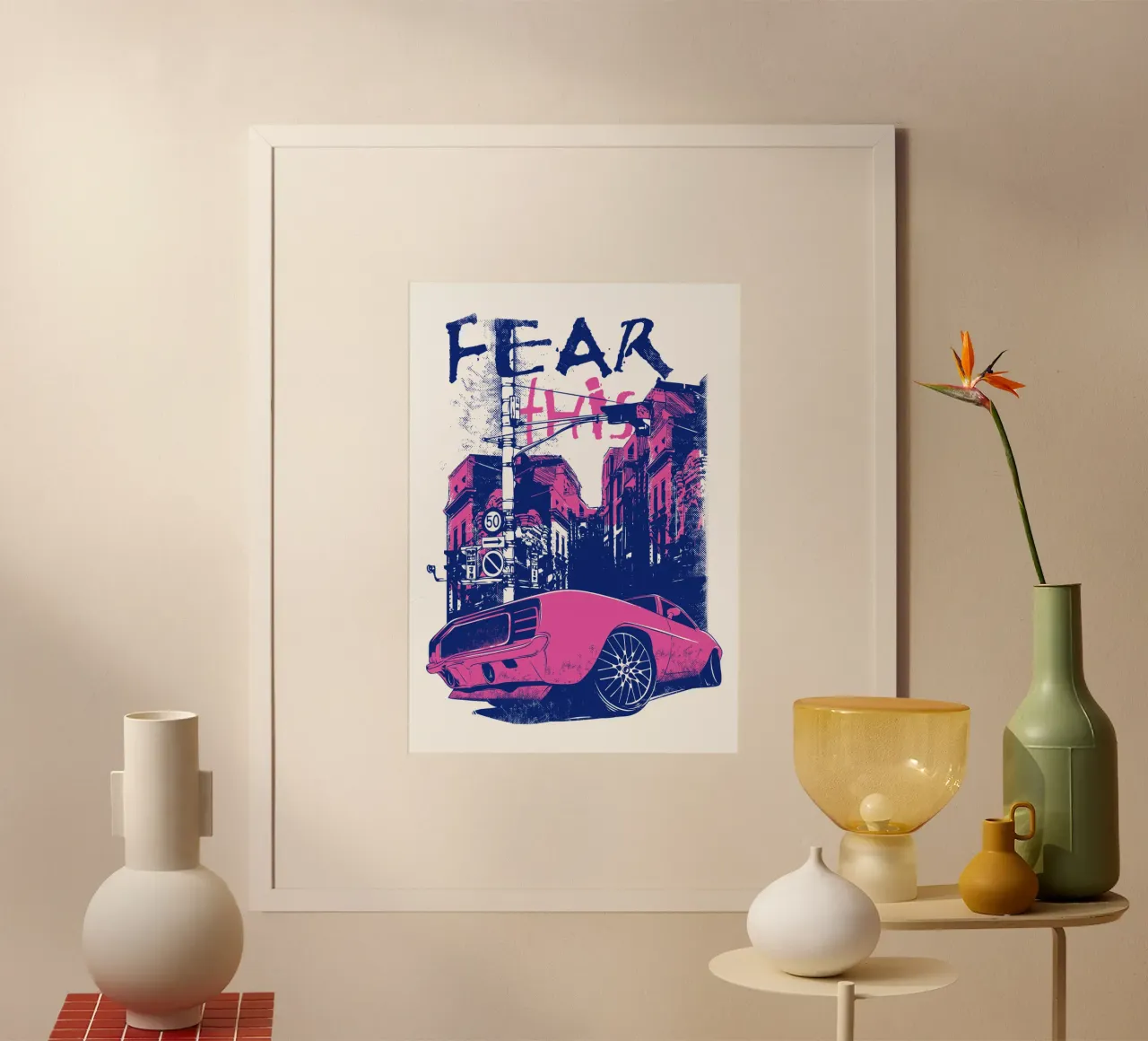 Illustrazione di auto di città retrò di tendenza ora poster con telaio in legno da Urban Life