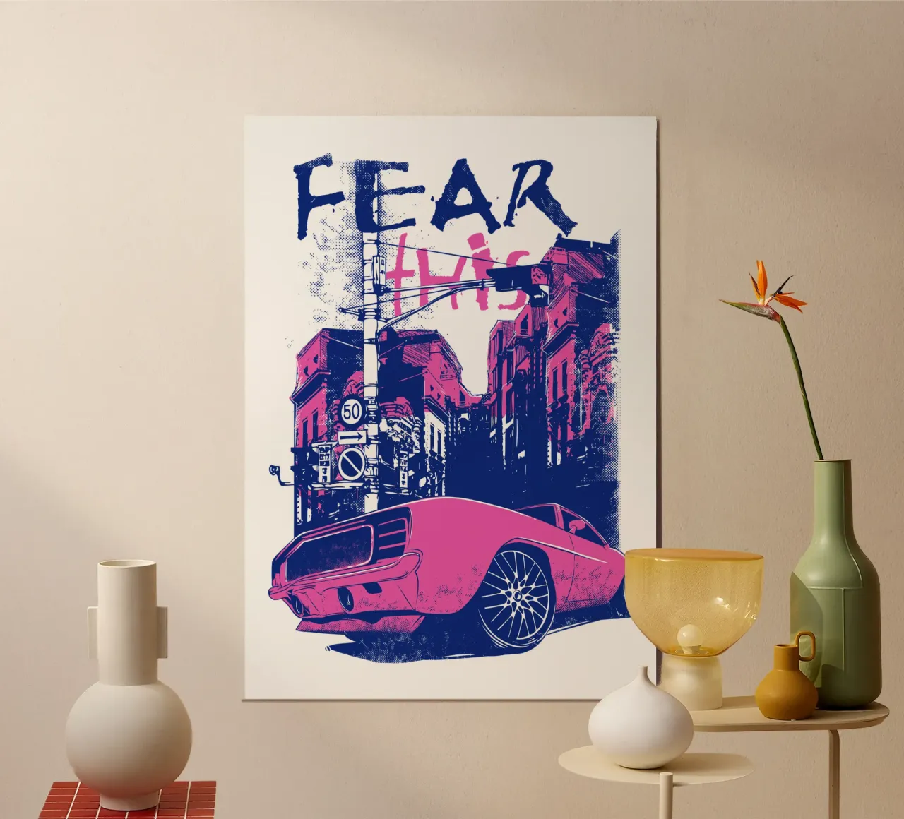 Illustrazione di auto di città retrò di tendenza ora poster con telaio in legno da Urban Life