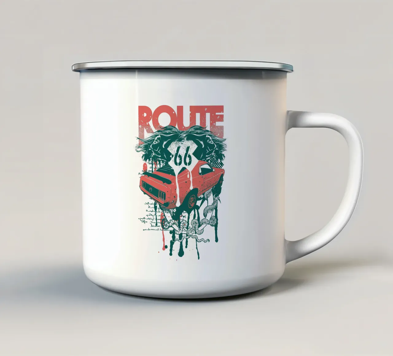 Illustrazione in stile Route 66 di tendenza ora tazza in smalto da Urban Life