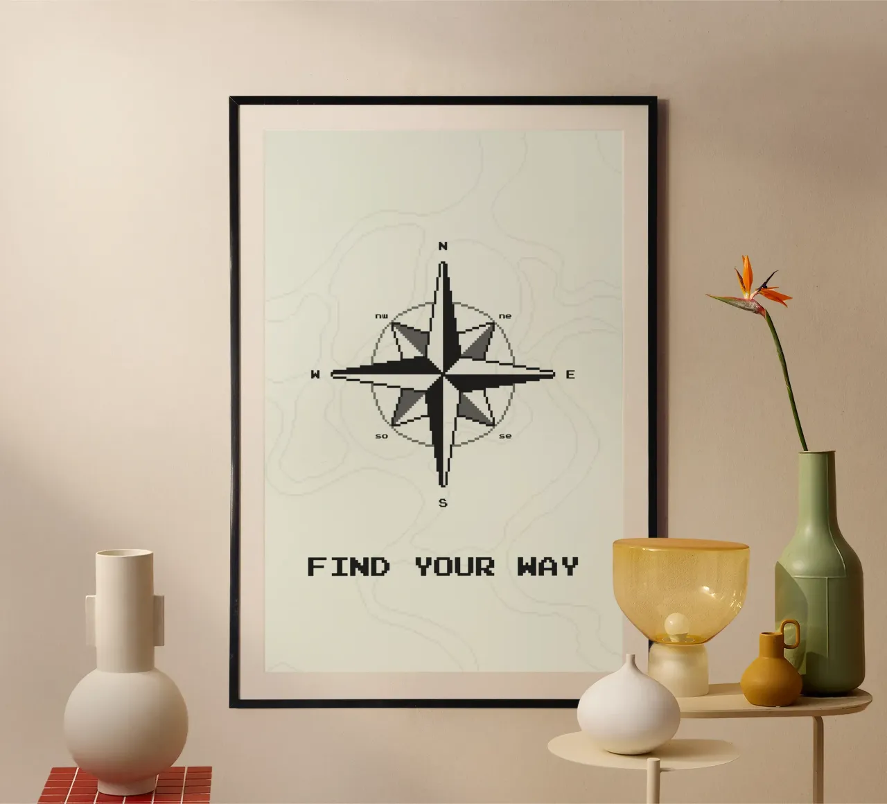 Trova la tua strada - Poster motivazionale con bussola in Pixel Art poster con telaio in alluminio da Ben & Clo creations
