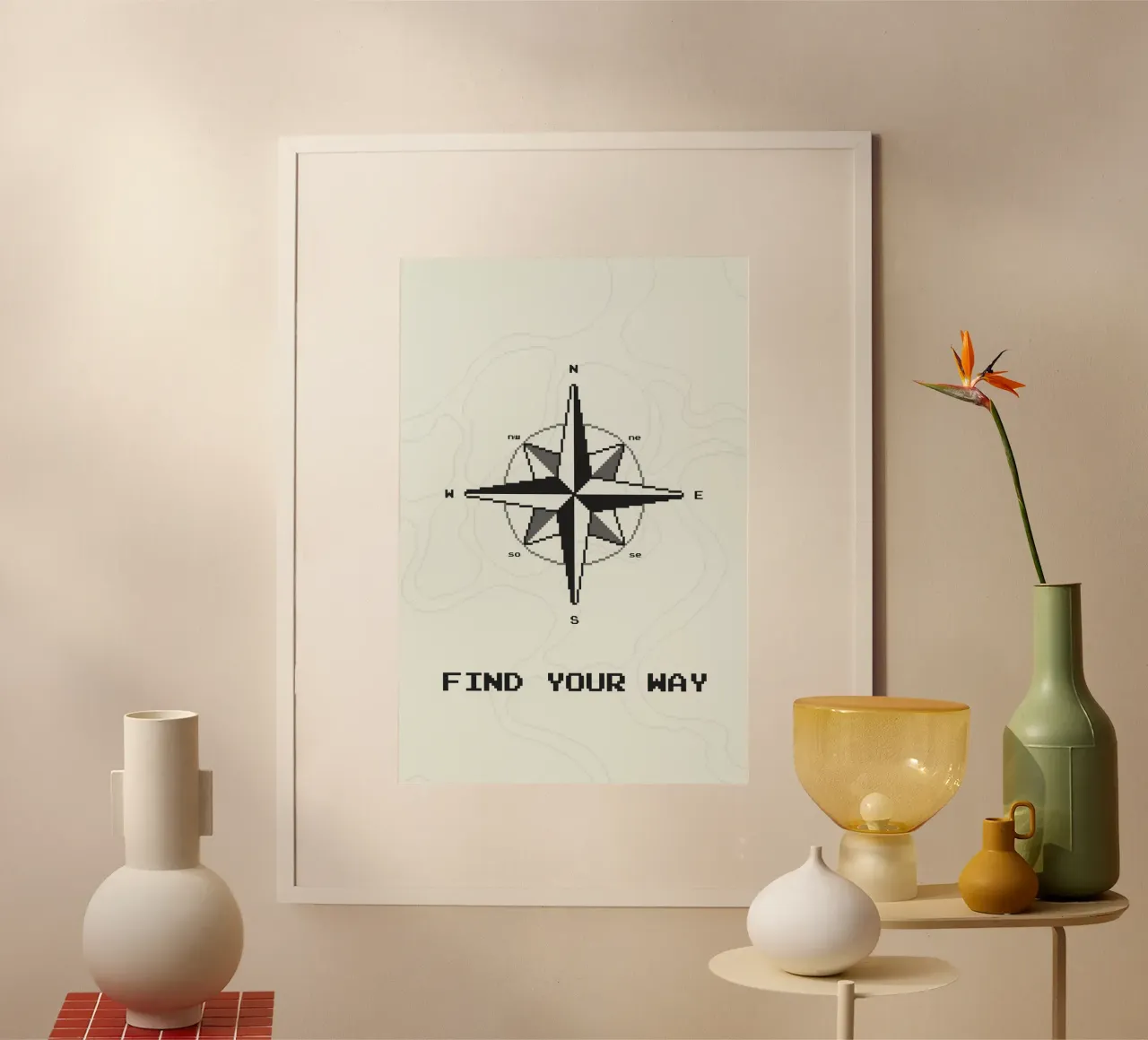 Trova la tua strada - Poster motivazionale con bussola in Pixel Art poster con telaio in alluminio da Ben & Clo creations