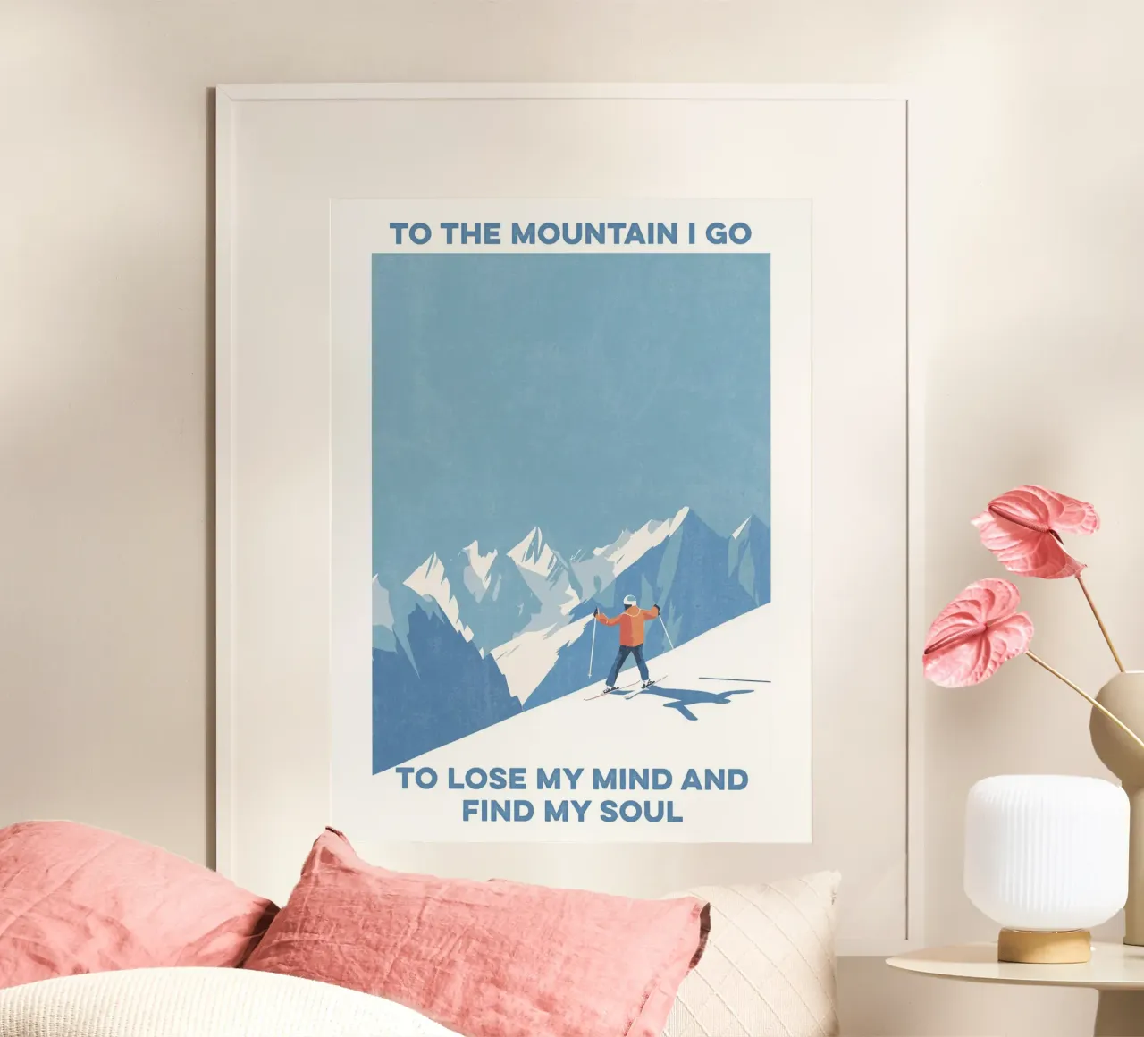 Ski Art - Ich gehe auf den Berg, um meinen Verstand zu verlieren und meine Seele zu finden Poster mit Kunststoffrahmen von Peaches Art Prints