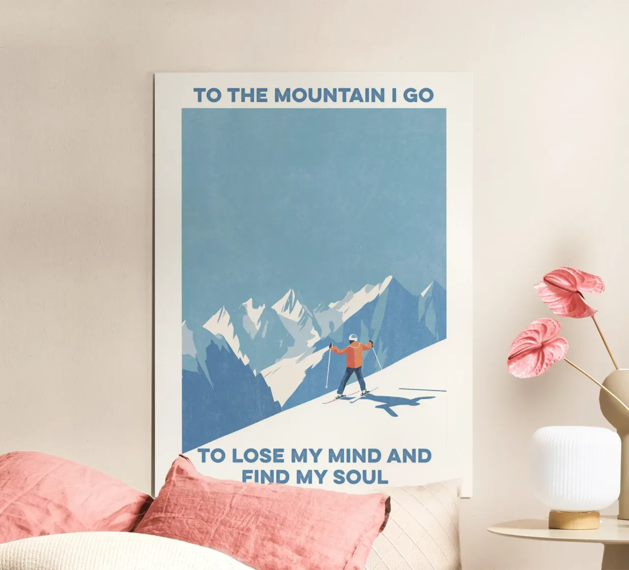 Ski Art - Ich gehe auf den Berg, um meinen Verstand zu verlieren und meine Seele zu finden Poster mit Kunststoffrahmen von Peaches Art Prints