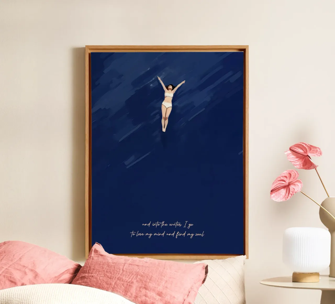 Ich gehe ins Wasser, um meinen Verstand zu verlieren, Zitat Typography Girl Leinwand mit Schattenfugenrahmen von Peaches Art Prints