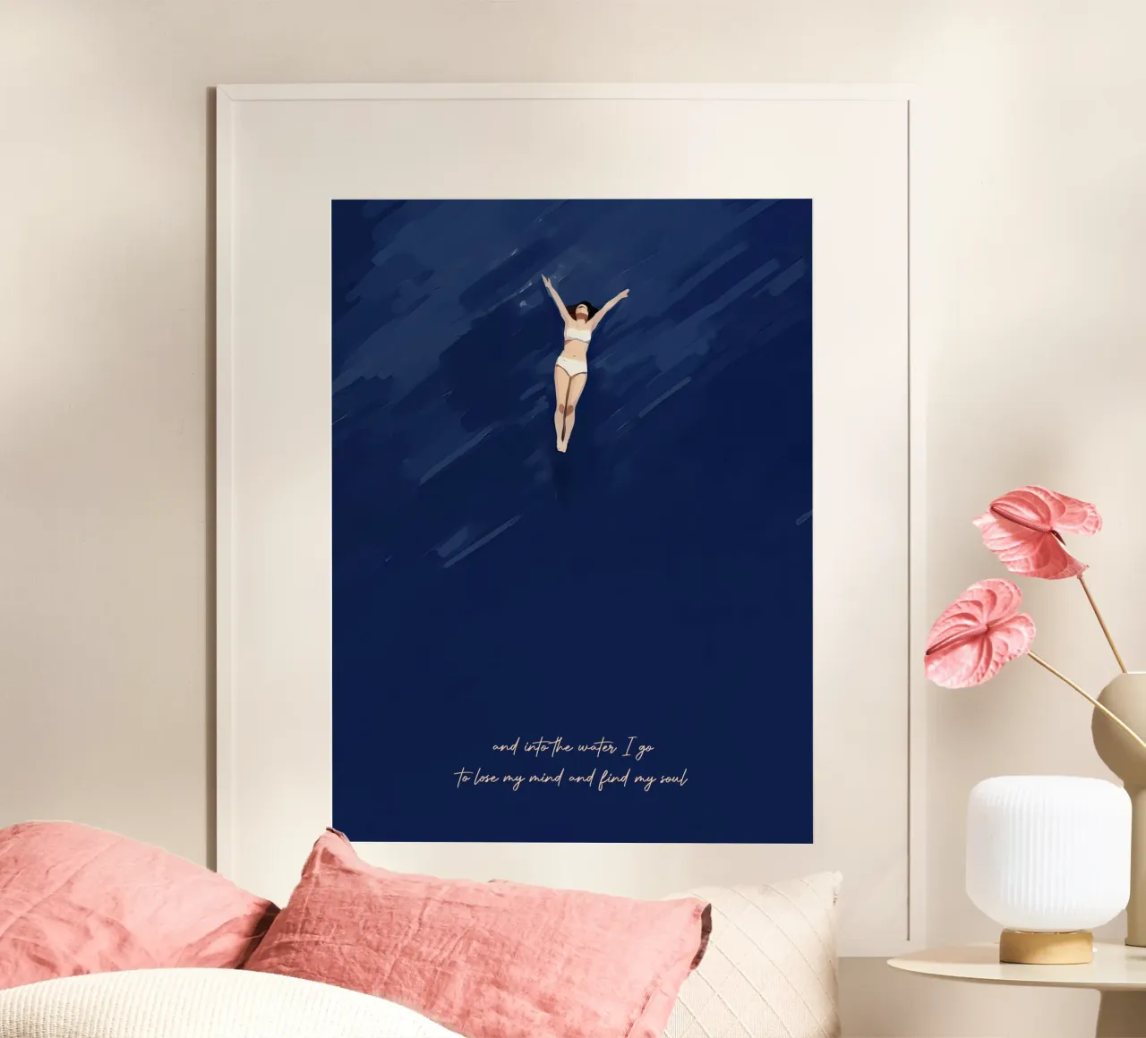 Into the Water I go, to lose my mind, Citazione di Typography Girl poster con telaio in legno da Peaches Art Prints