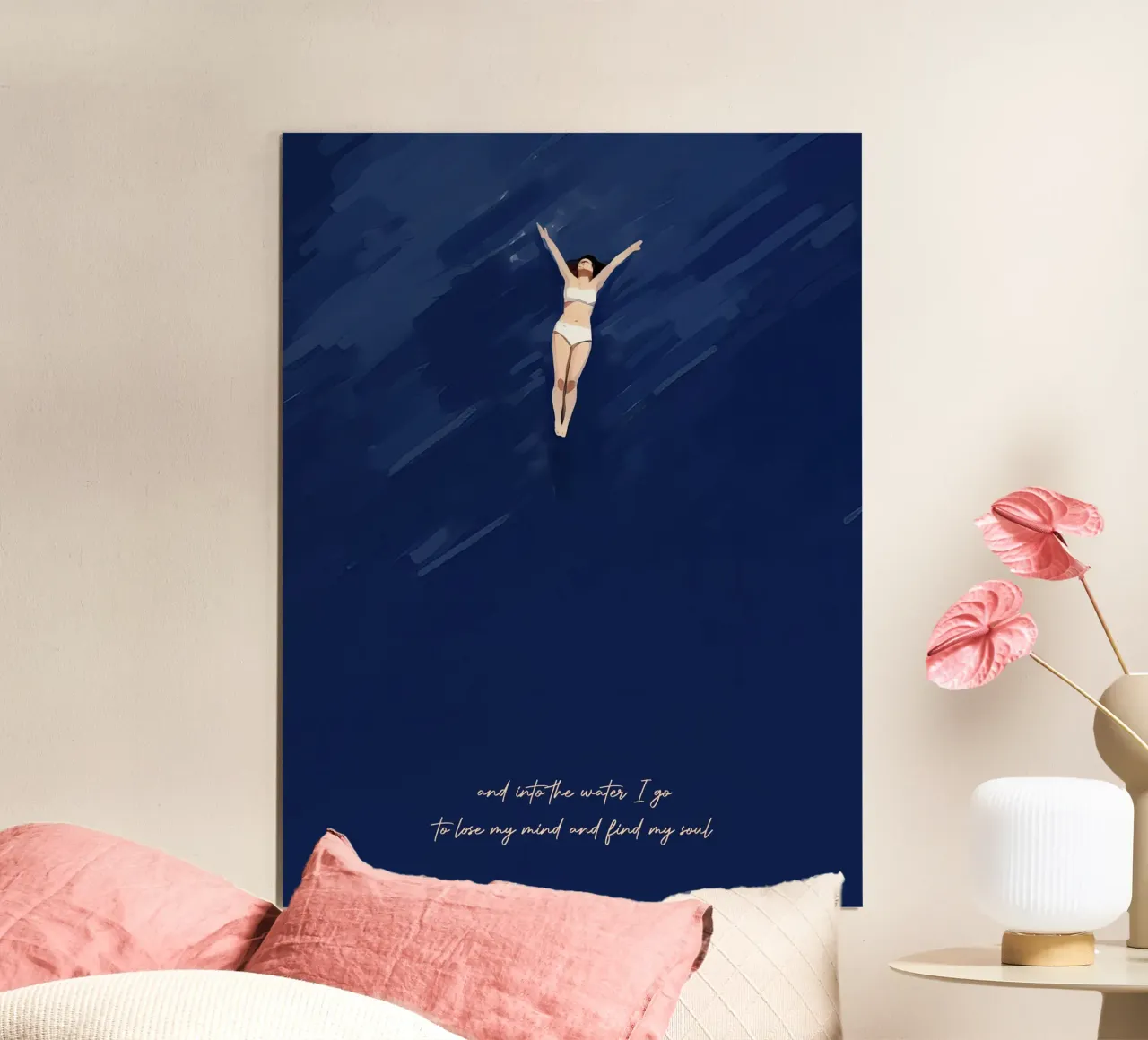 Into the Water I go, to lose my mind, Citazione di Typography Girl poster con telaio in legno da Peaches Art Prints