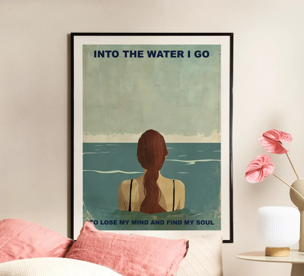 Ins Wasser gehe ich, Zitat Typography Girl Poster von Peaches Art Prints