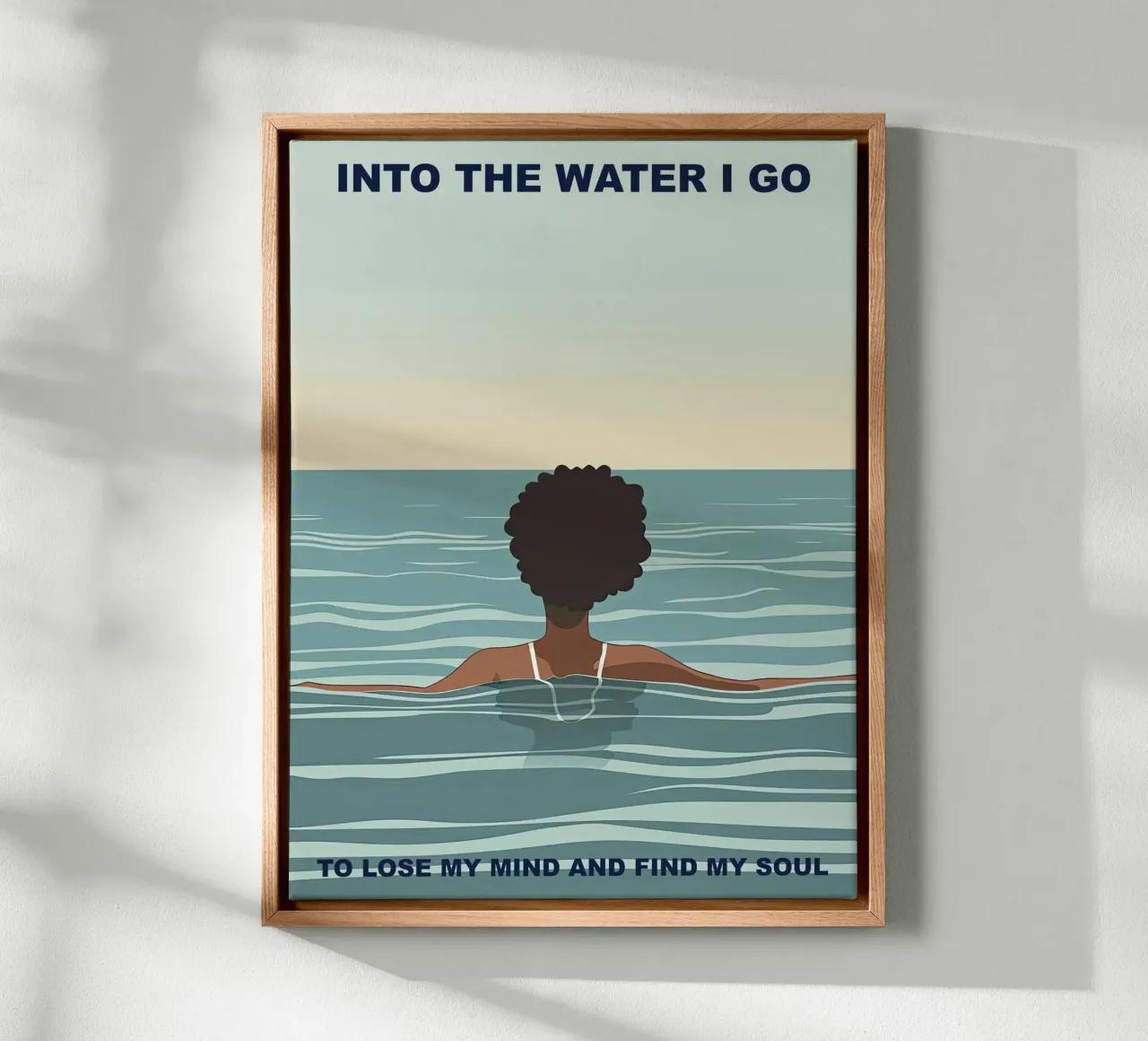 Ins Wasser gehe ich, um den Verstand zu verlieren, Zitat Mädchen Leinwand mit Schattenfugenrahmen von Peaches Art Prints