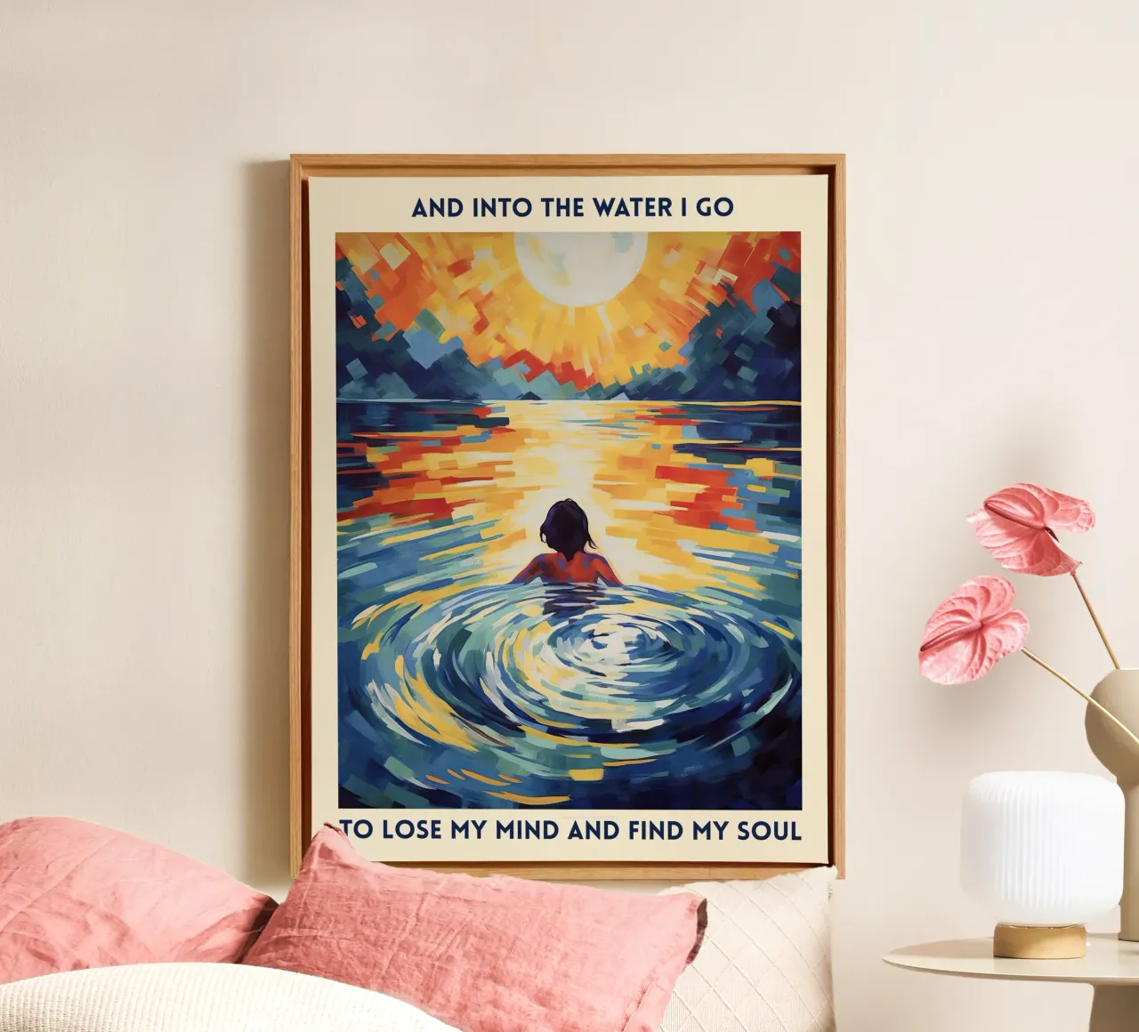 Ins Wasser gehe ich, um den Verstand zu verlieren, Zitat Malerei Leinwand mit Schattenfugenrahmen von Peaches Art Prints