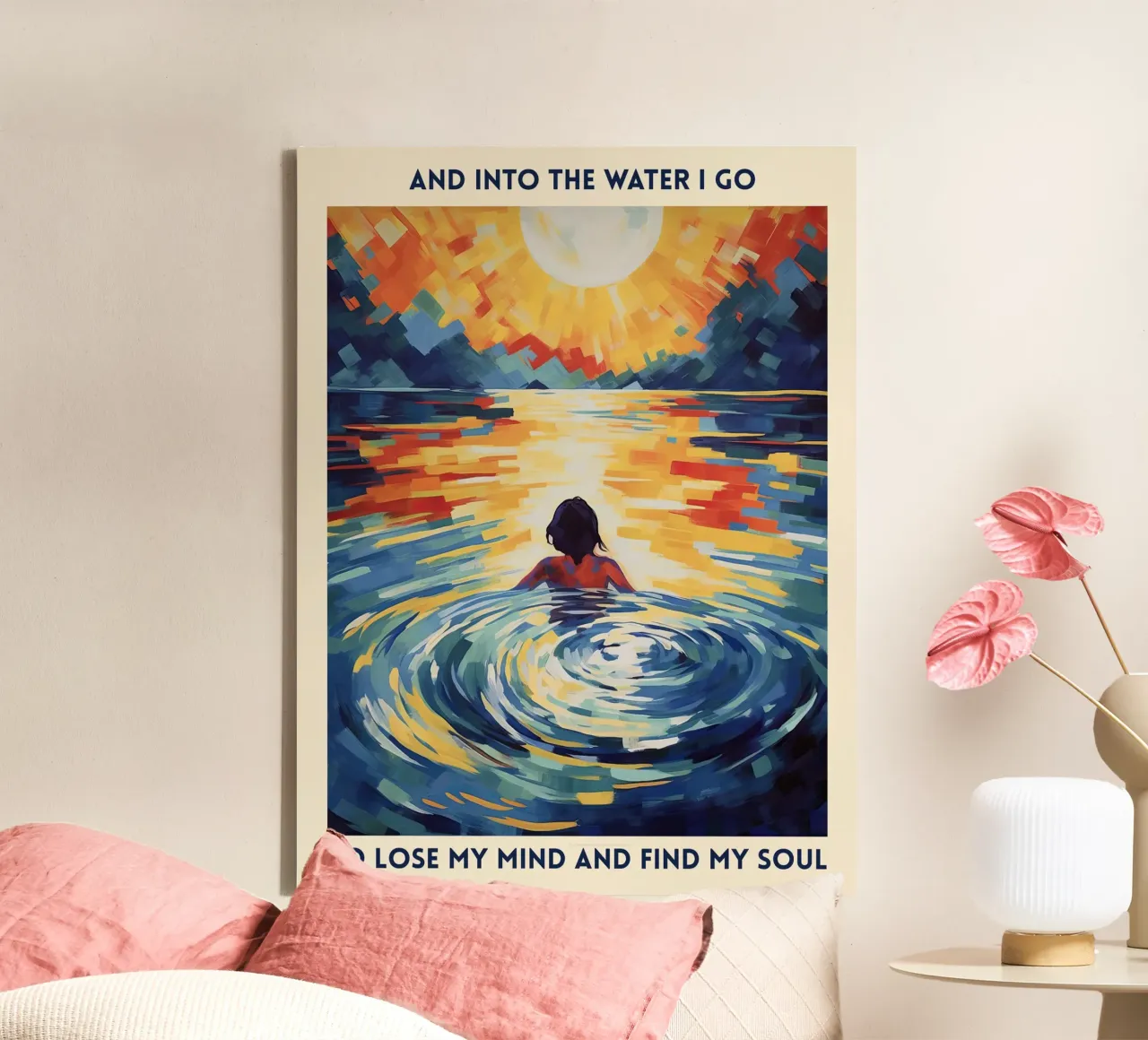Ins Wasser gehe ich, um den Verstand zu verlieren, Zitat Malerei Leinwand mit Schattenfugenrahmen von Peaches Art Prints