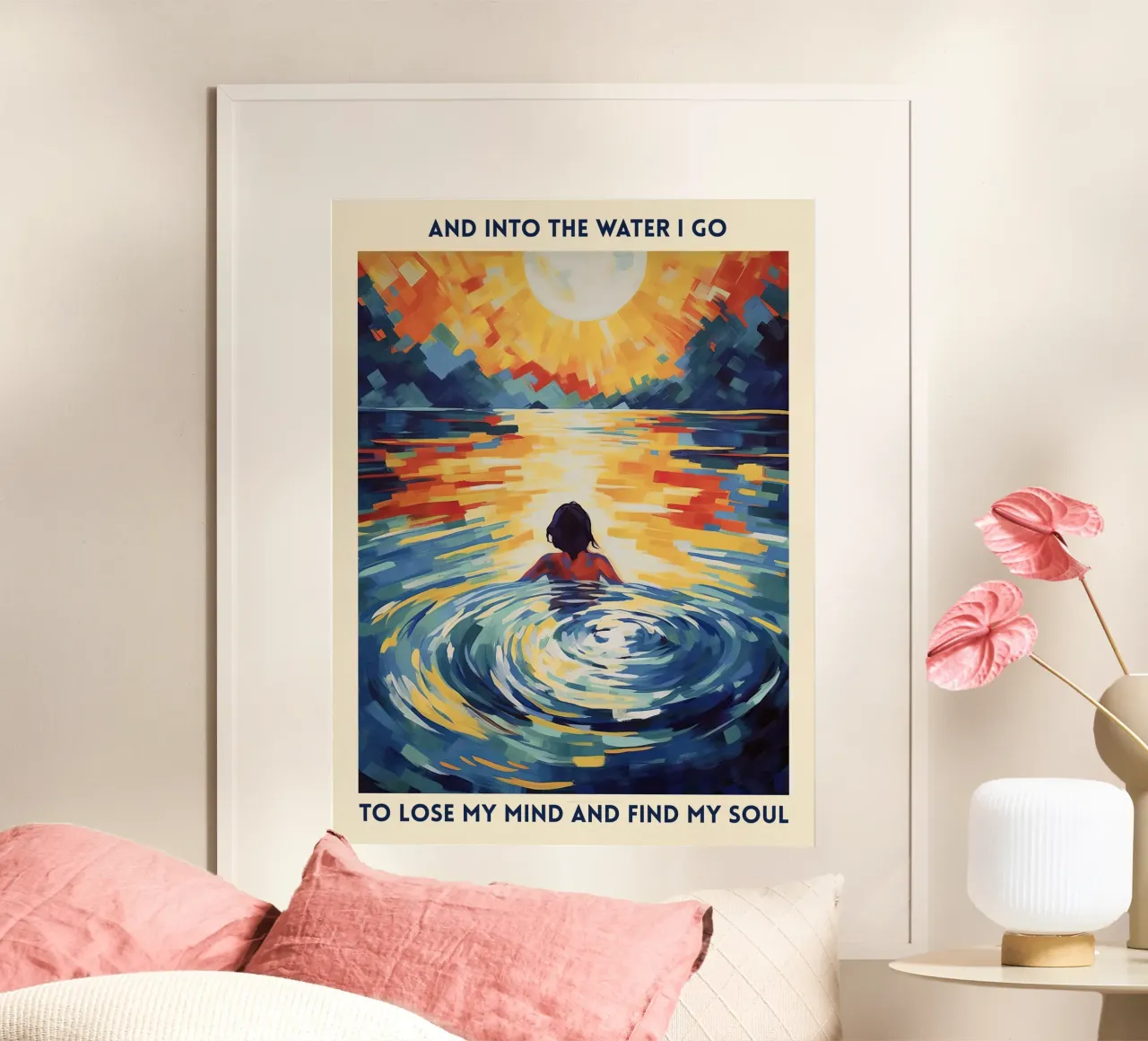 Ins Wasser gehe ich, um den Verstand zu verlieren, Zitat Malerei Poster mit Holzrahmen von Peaches Art Prints