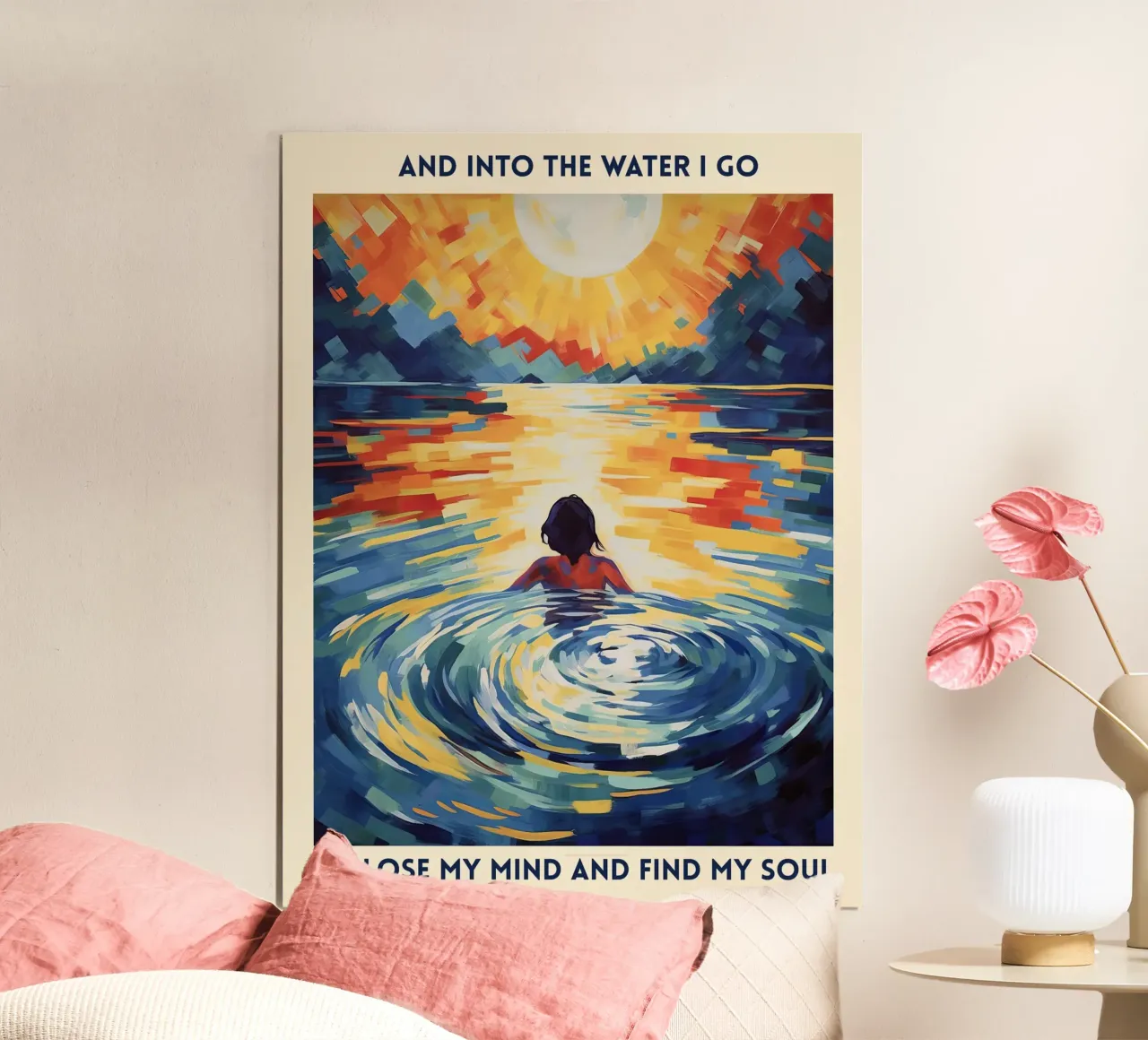 Ins Wasser gehe ich, um den Verstand zu verlieren, Zitat Malerei Poster mit Holzrahmen von Peaches Art Prints