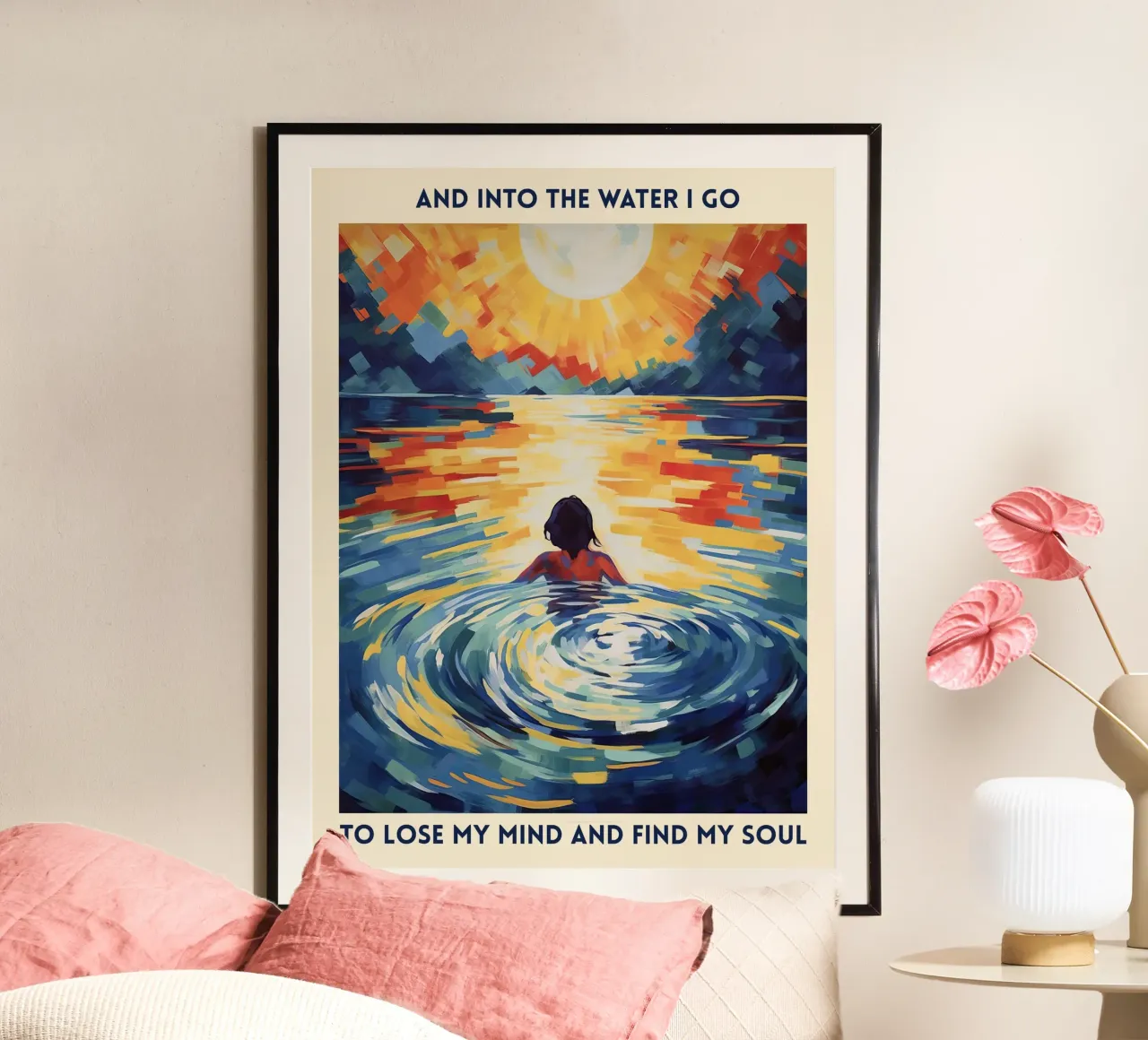 Ins Wasser gehe ich, um den Verstand zu verlieren, Zitat Malerei Poster mit Holzrahmen von Peaches Art Prints