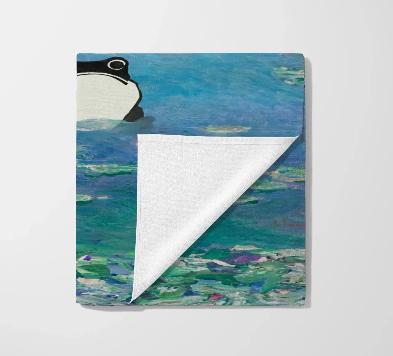 Rana non impressionata in un quadro di ninfee di Monet telo mare da Peaches Art Prints