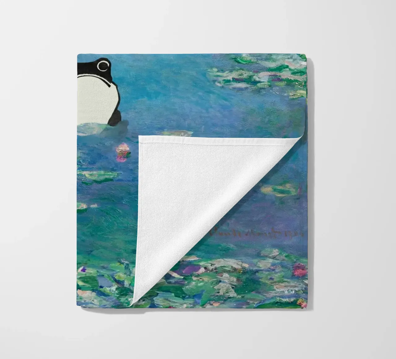 Rana non impressionata in un quadro di ninfee di Monet telo mare da Peaches Art Prints