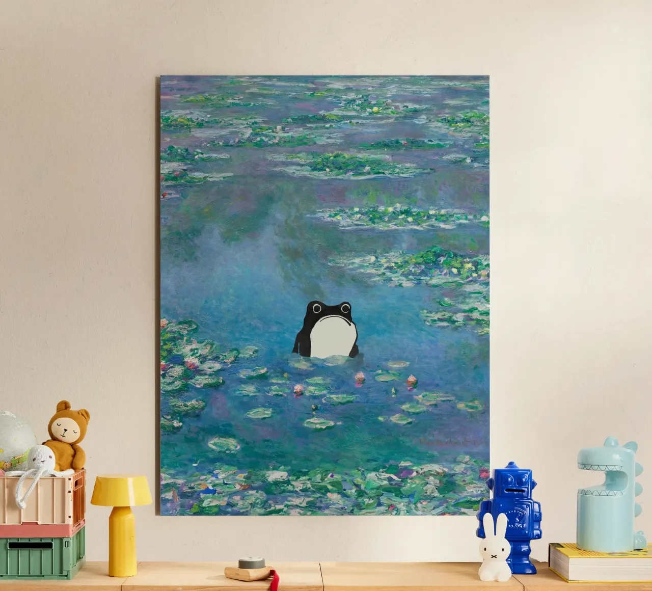 Rana non impressionata in un quadro di ninfee di Monet alluminio dibond da Peaches Art Prints