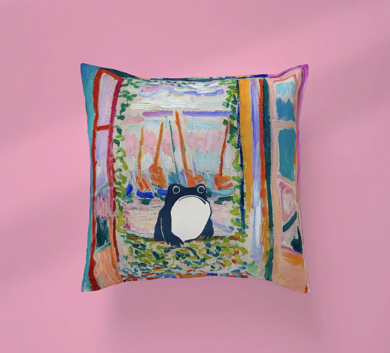 Unimpressed Frog in Matisse Open Window Painting cuscino da Peaches Art Prints