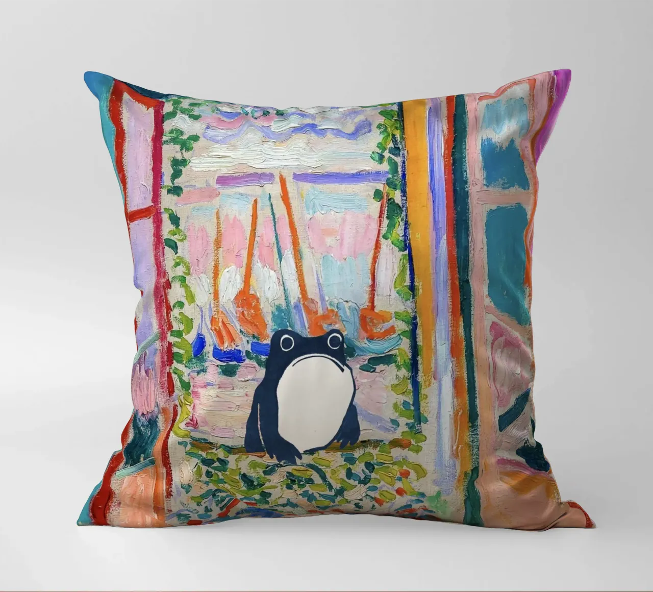 Unimpressed Frog in Matisse Open Window Painting cuscino da Peaches Art Prints