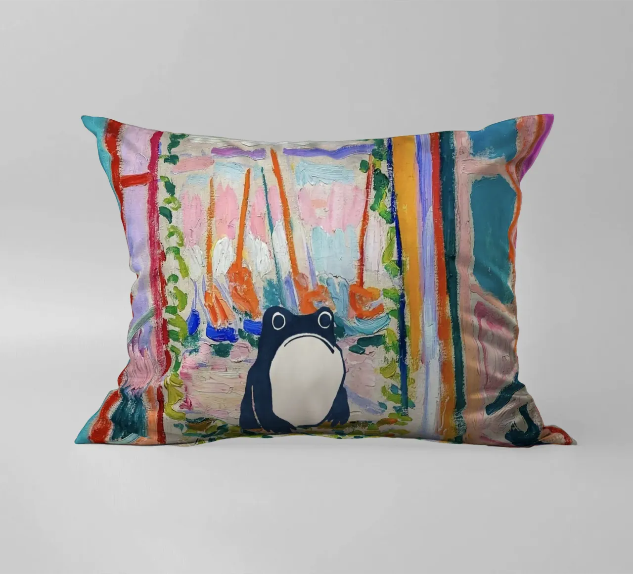 Unimpressed Frog in Matisse Open Window Painting cuscino da Peaches Art Prints