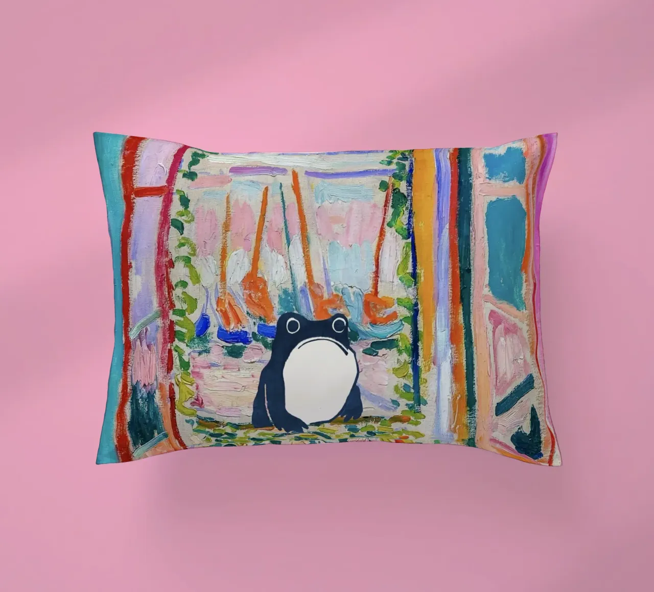 Unimpressed Frog in Matisse Open Window Painting cuscino da Peaches Art Prints