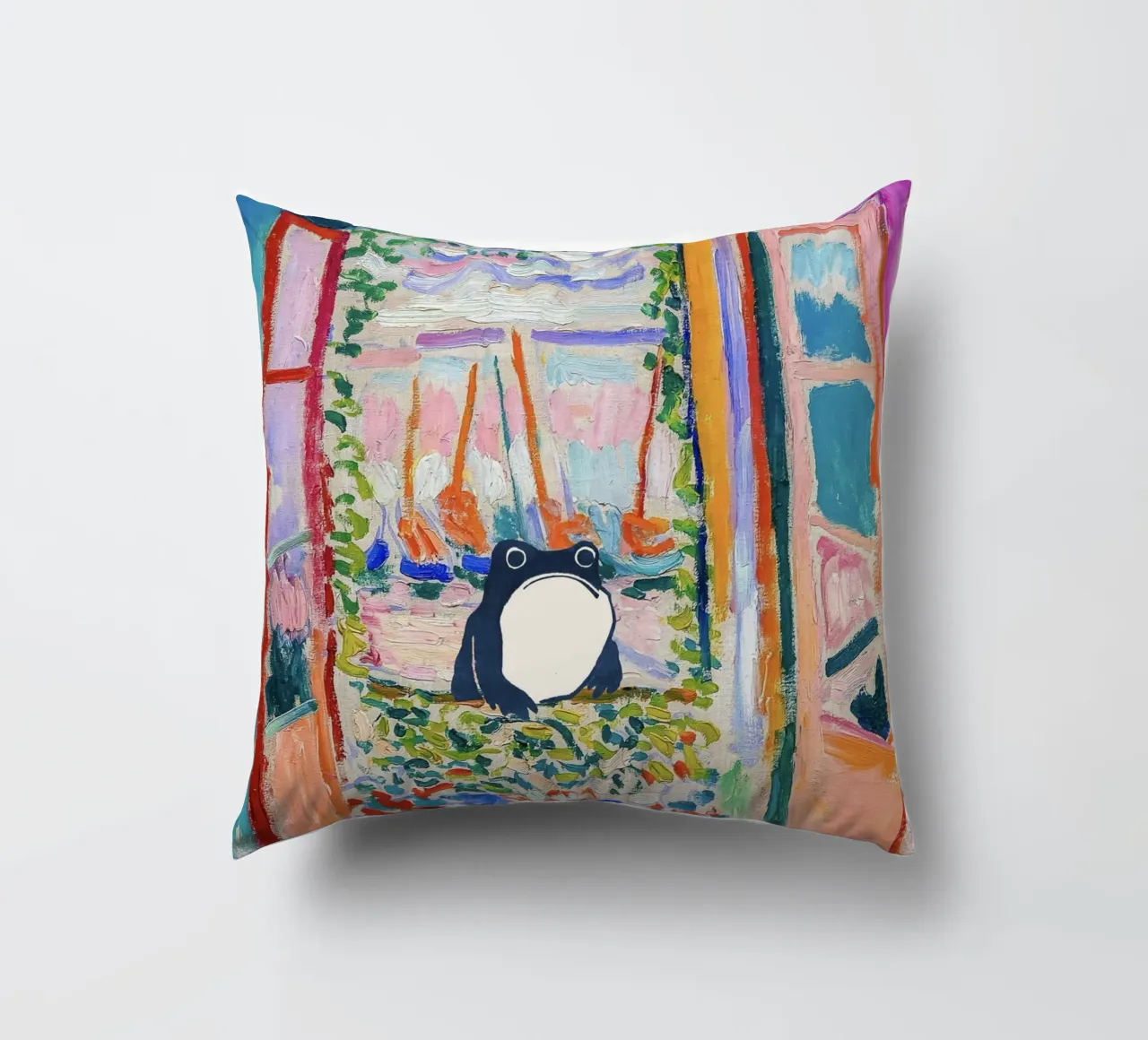 Unimpressed Frog in Matisse Open Window Painting cuscino da Peaches Art Prints