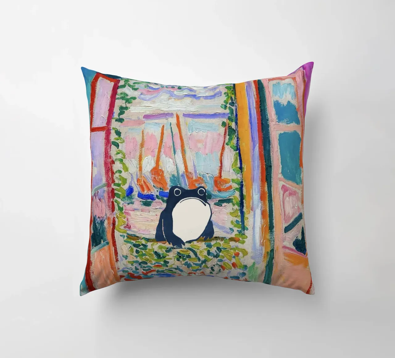 Unimpressed Frog in Matisse Open Window Painting cuscino da Peaches Art Prints