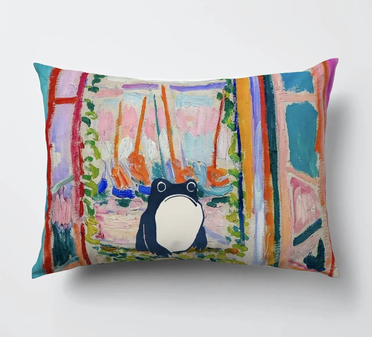 Unimpressed Frog in Matisse Open Window Painting cuscino da Peaches Art Prints
