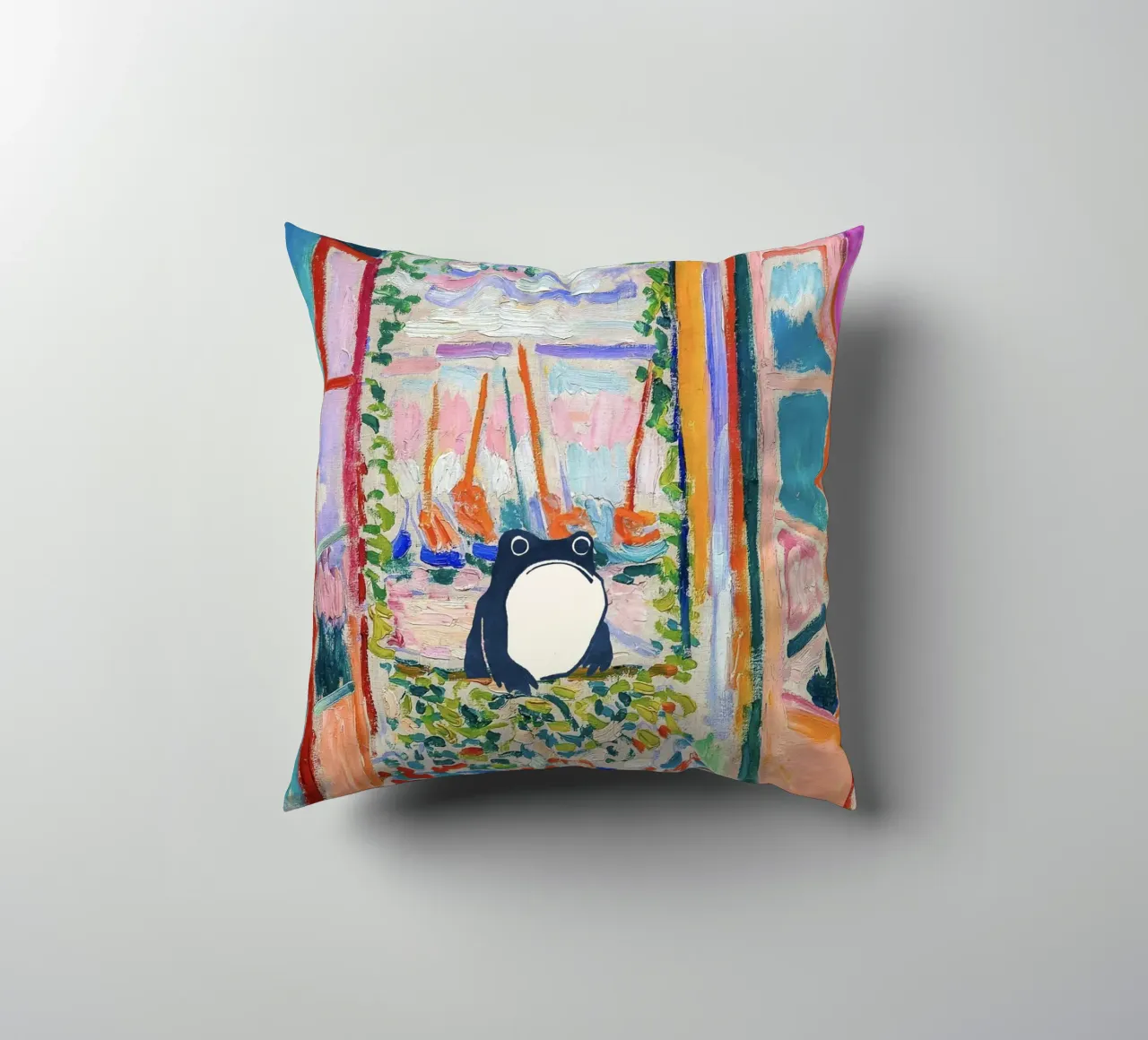 Unimpressed Frog in Matisse Open Window Painting cuscino da Peaches Art Prints