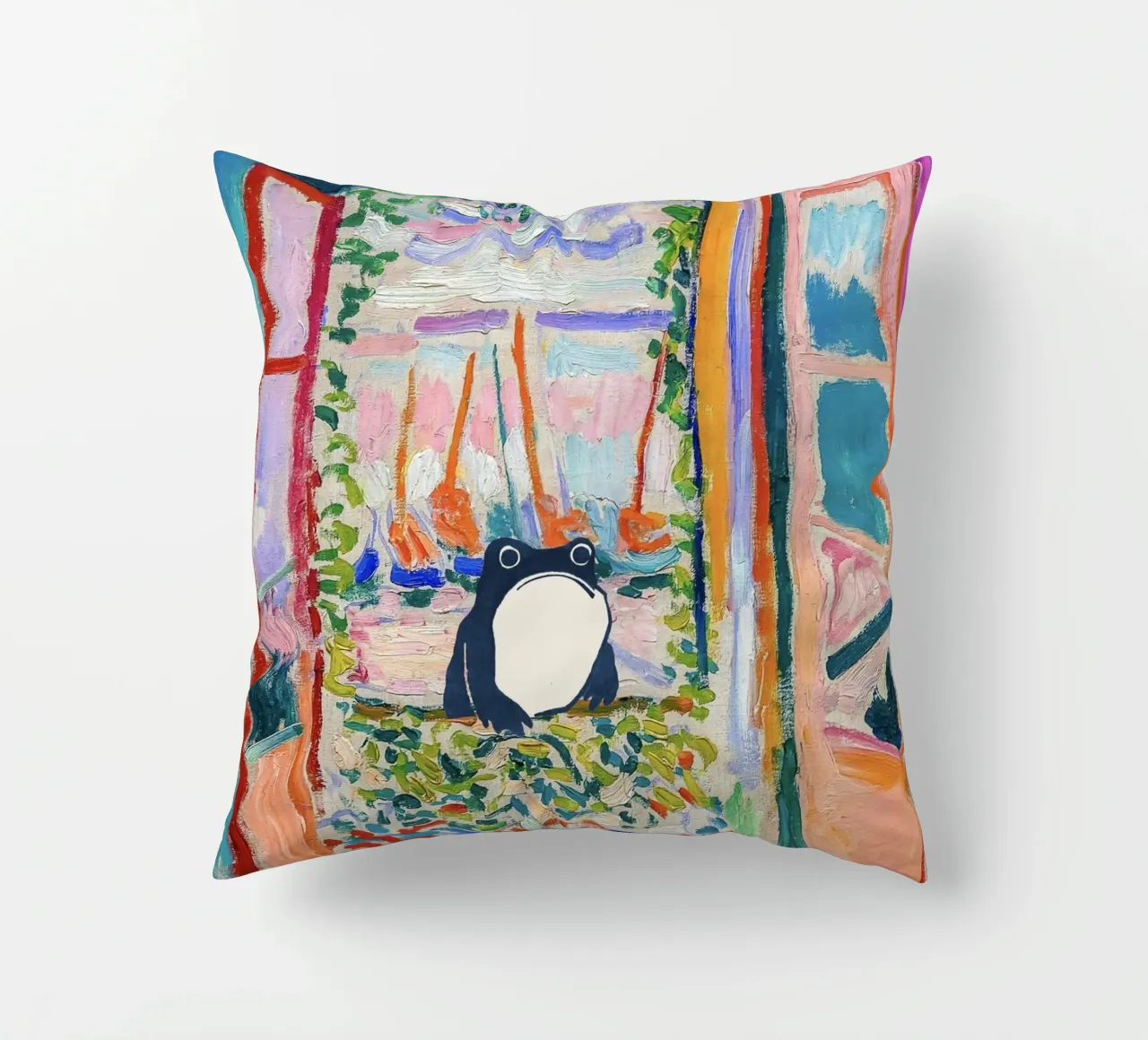 Unimpressed Frog in Matisse Open Window Painting cuscino da Peaches Art Prints