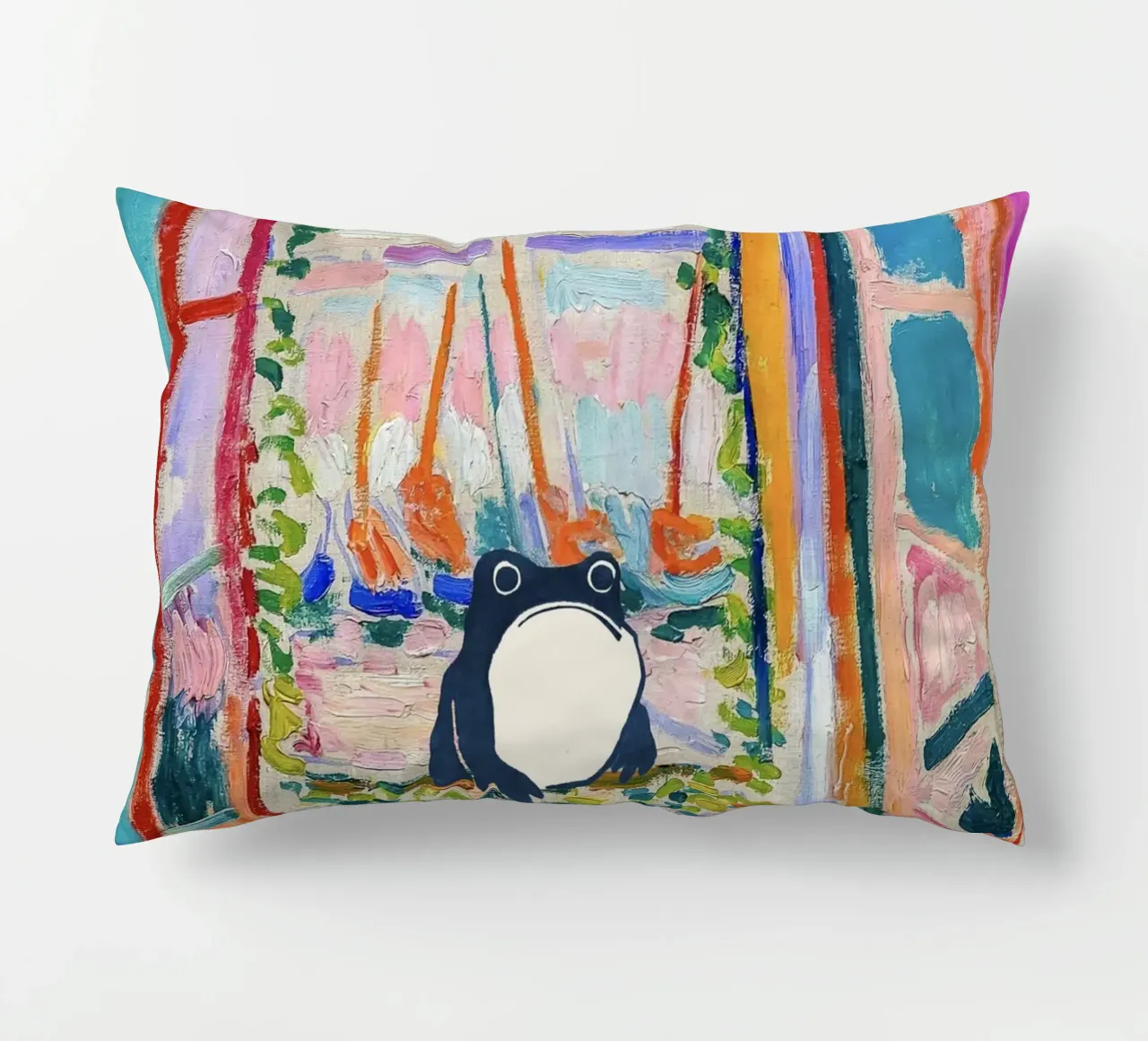 Unimpressed Frog in Matisse Open Window Painting cuscino da Peaches Art Prints