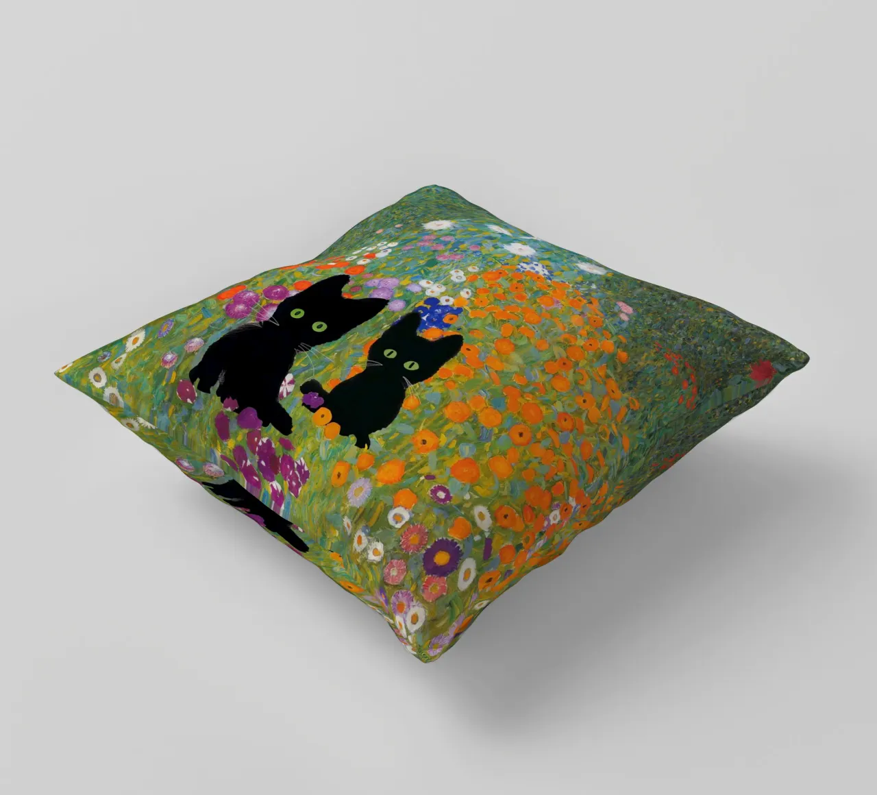 Gustav Klimt, Giardino con gatti neri cuscino da Peaches Art Prints
