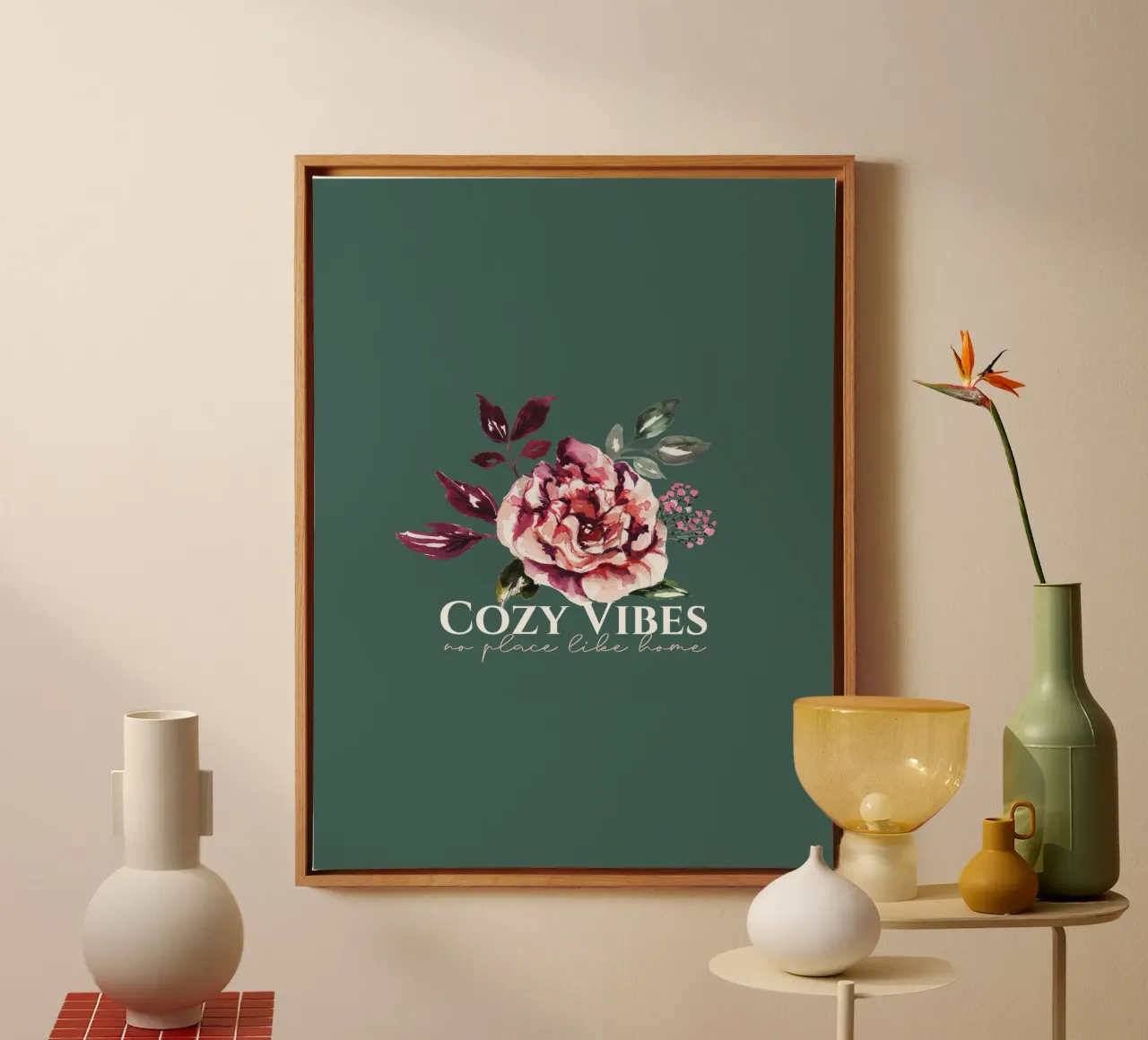 Floral Cozy Vibes - No hay lugar como el hogar lienzo con Marco flotante de anisillustration