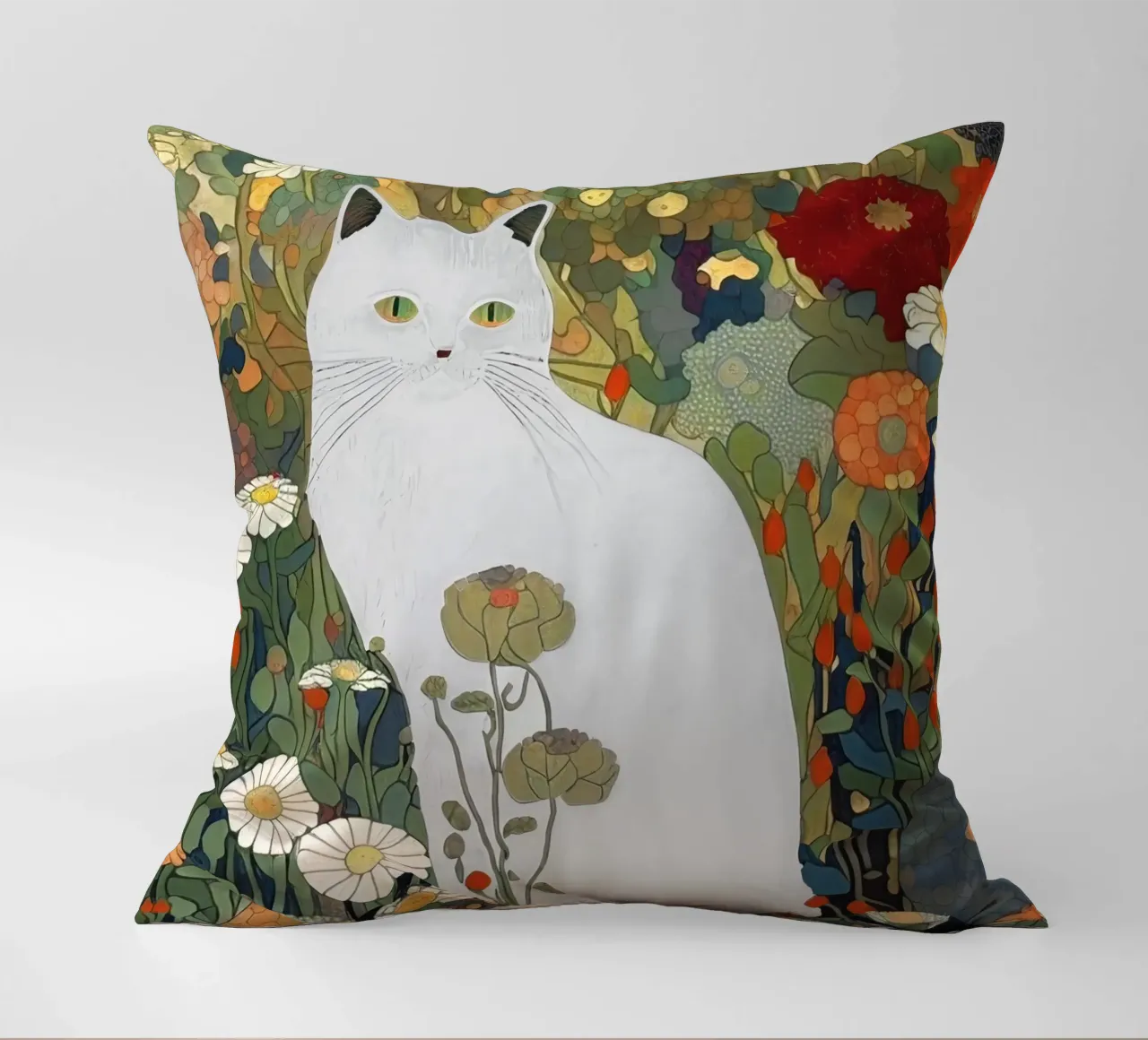 Gustav Klimt White Cat In A Garden decorative cushion by Peaches Art Prints