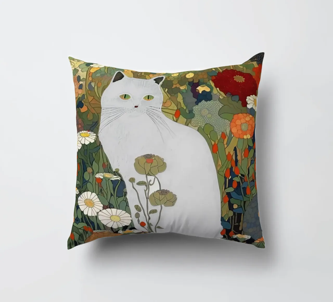Gustav Klimt White Cat In A Garden decorative cushion by Peaches Art Prints
