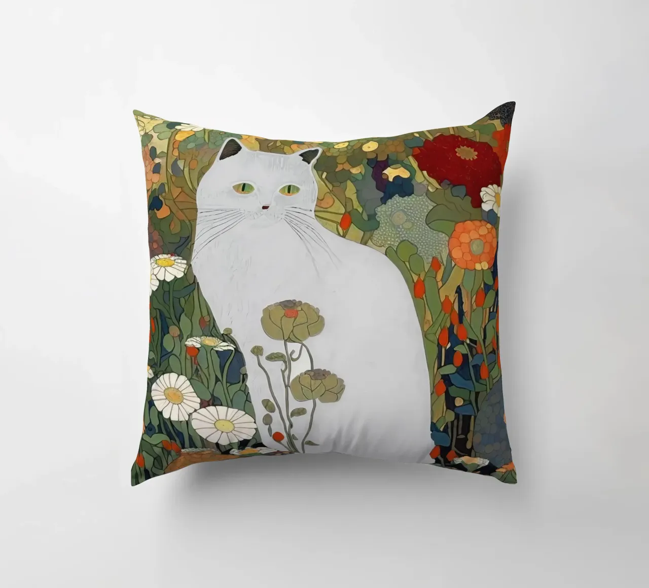 Gustav Klimt White Cat In A Garden decorative cushion by Peaches Art Prints