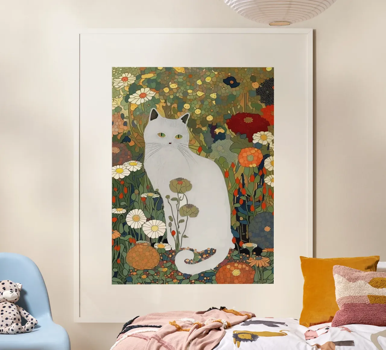 Gustav Klimt Gatto bianco in giardino poster con telaio in plastica da Peaches Art Prints