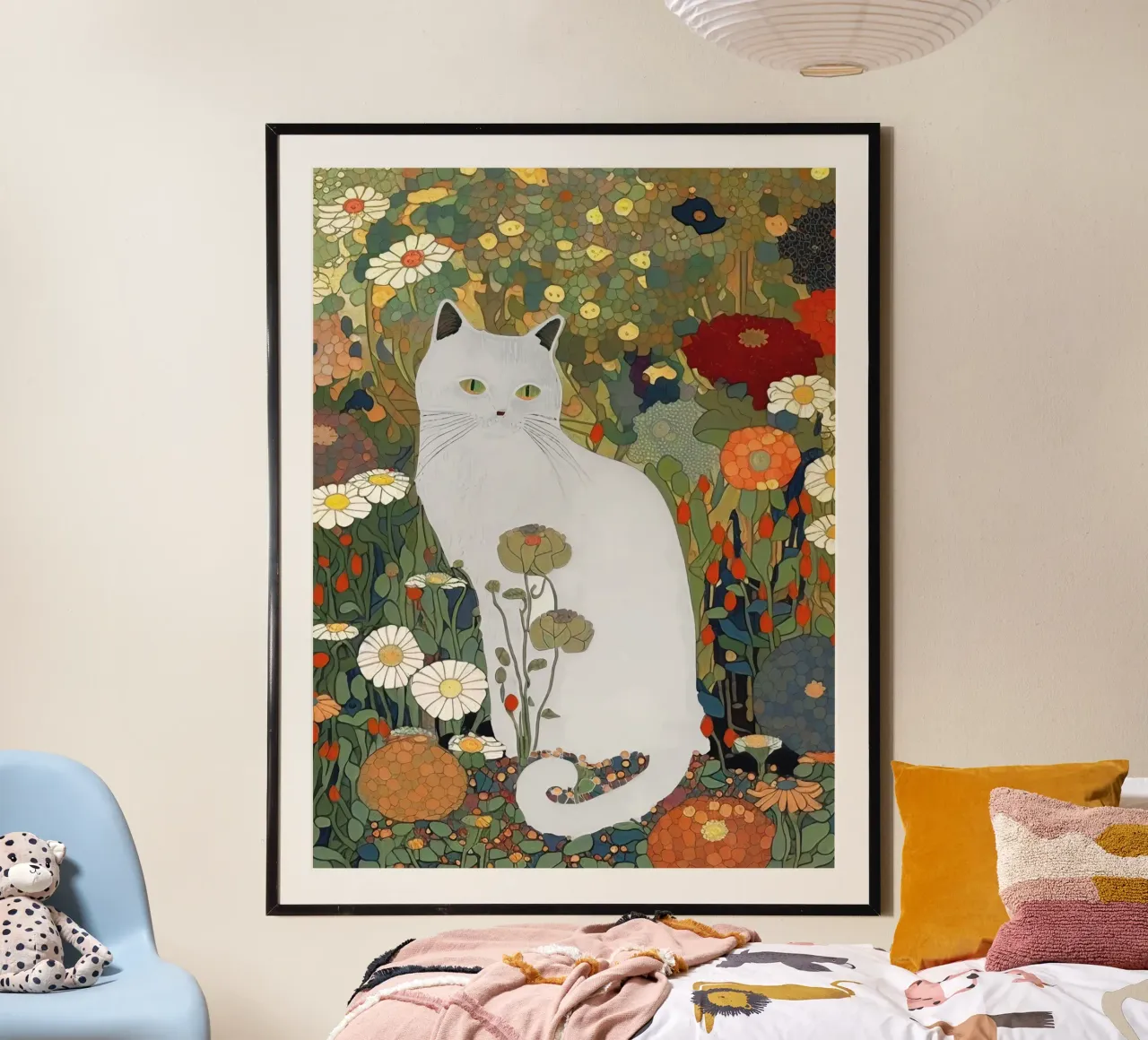 Gustav Klimt Gatto bianco in giardino poster con telaio in plastica da Peaches Art Prints