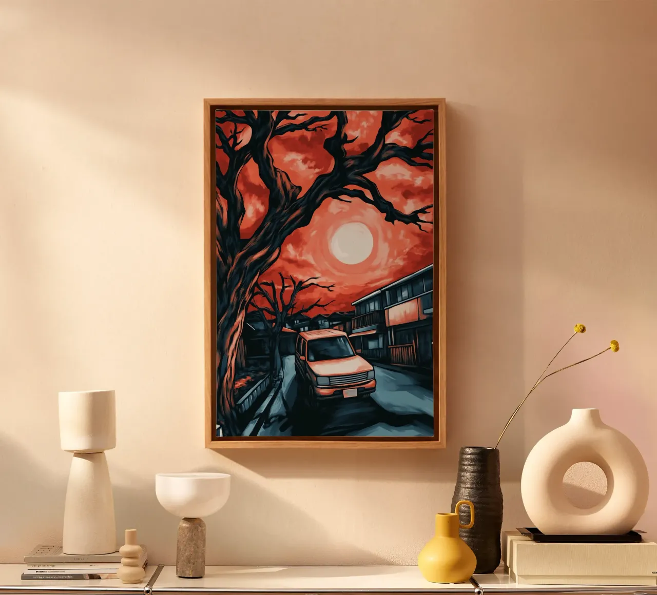 Il cielo rosso sangue sulla città tela con Cornice a cassetta da melipo-art